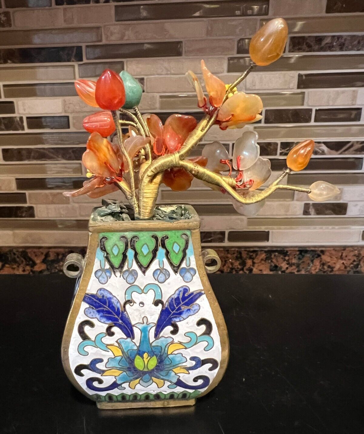 Miniature Antique Chinese Carnelian Quarts Jade Flower Tree in Cloisonne Pot