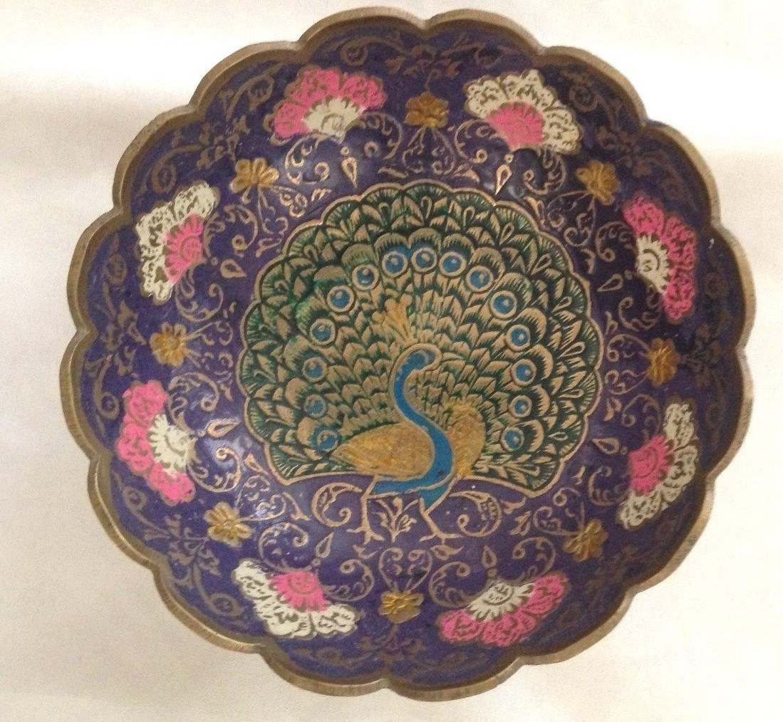 Multicolor Goldtone Metal 6″ Asian CLOISONNE Peacock Bird Bowl