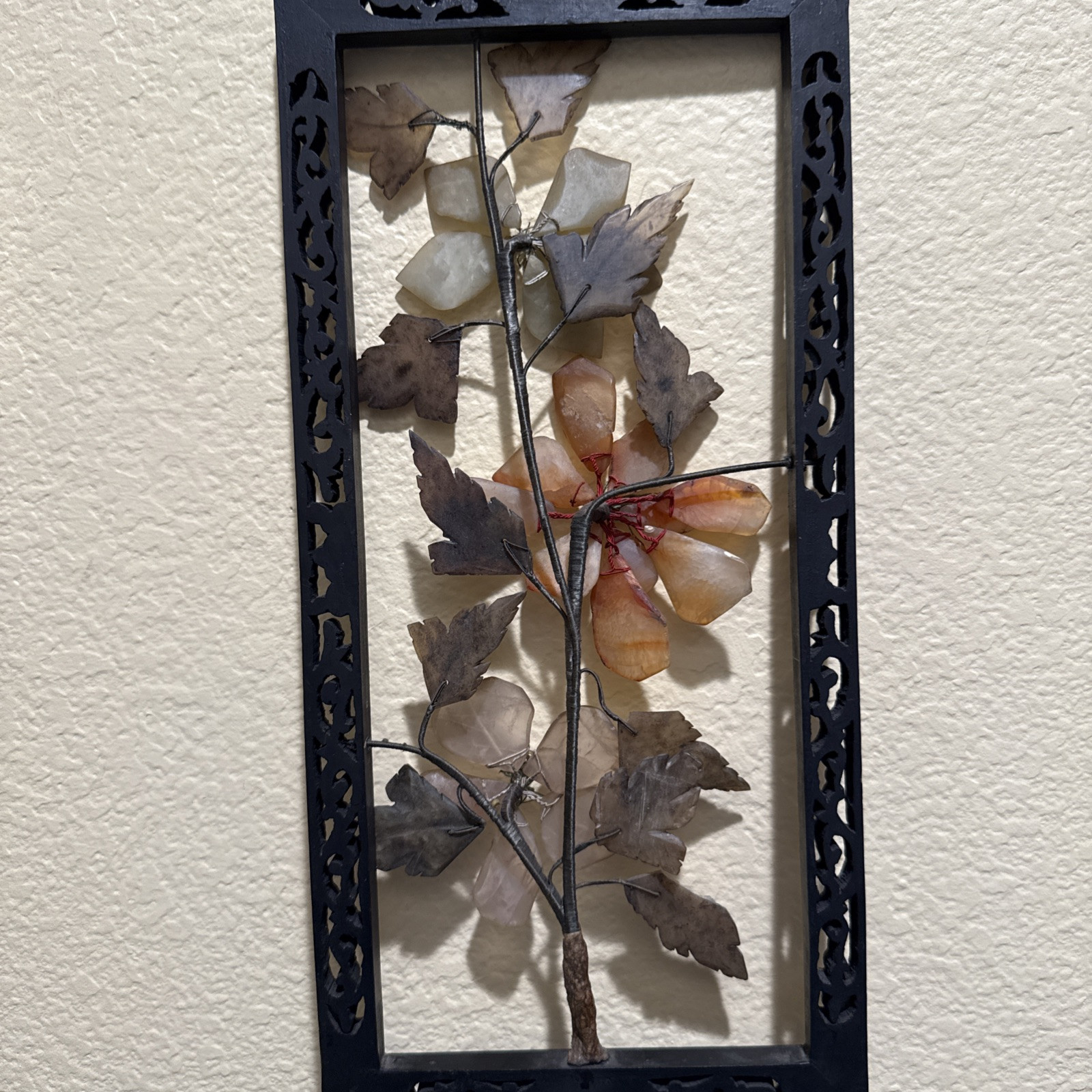Vintage Handmade Oriental Carnelian, Agate Flower Black Rectangle frame