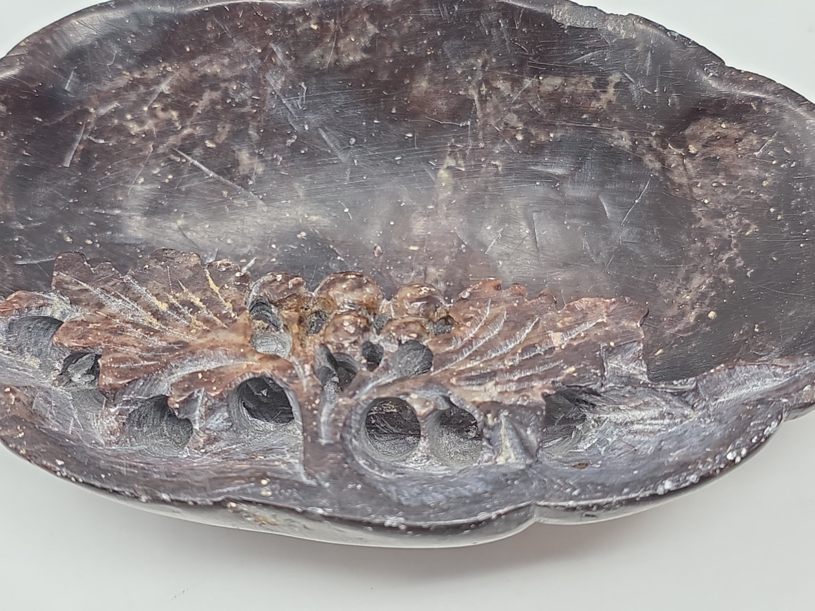 Vintage Chinese Hand-Carved 5×3″ Footed Soapstone Trinket Dish Brown