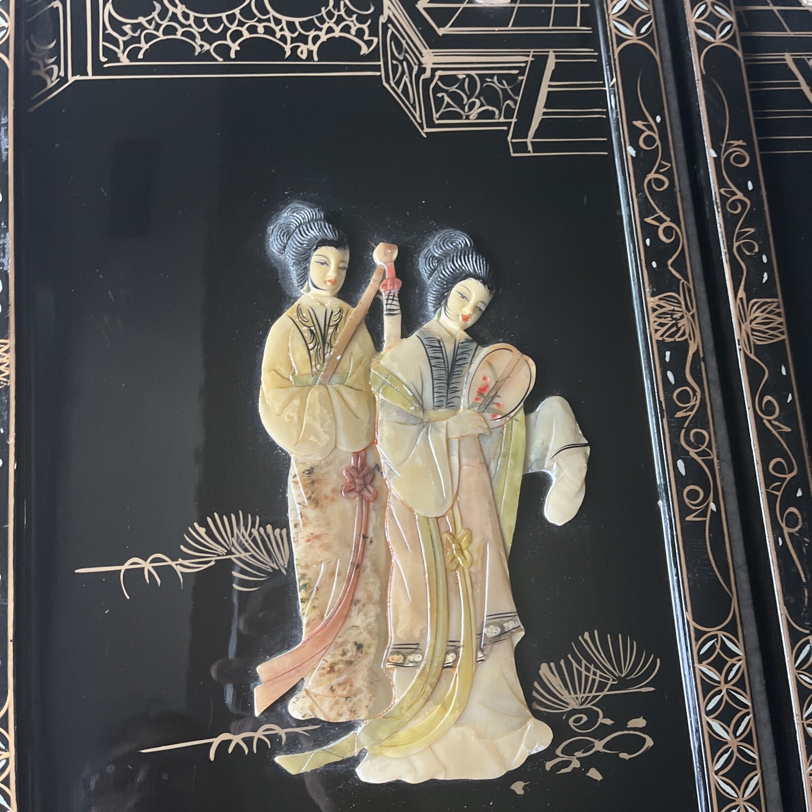 4 Asian/Oriental Hanging Wall Panels Mother Of Pearl Black Lacquer 36”X12” (READ