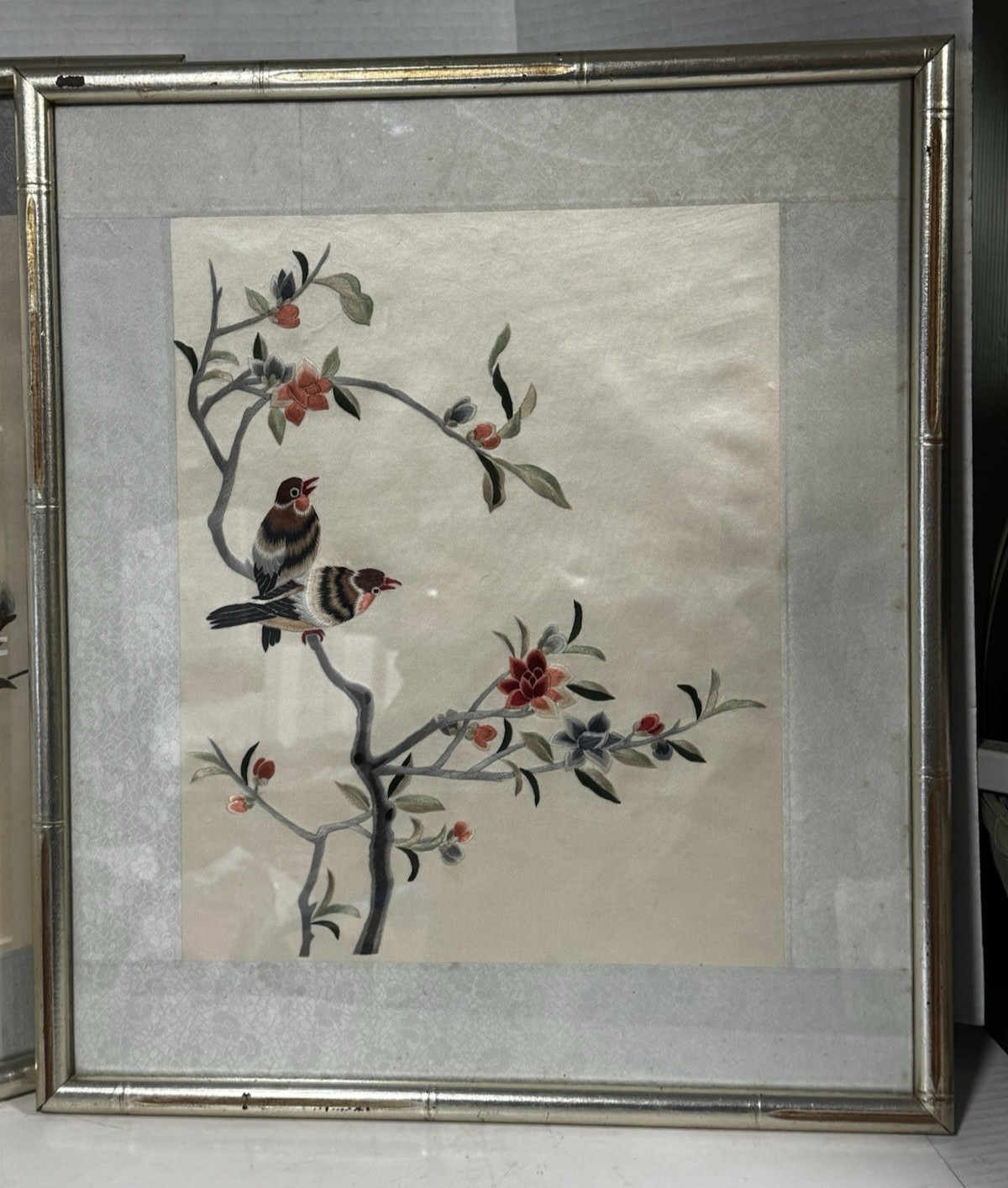 Pair Set Vintage Chinese Asian Embroidered Silk Framed Birds / Butterfly Floral