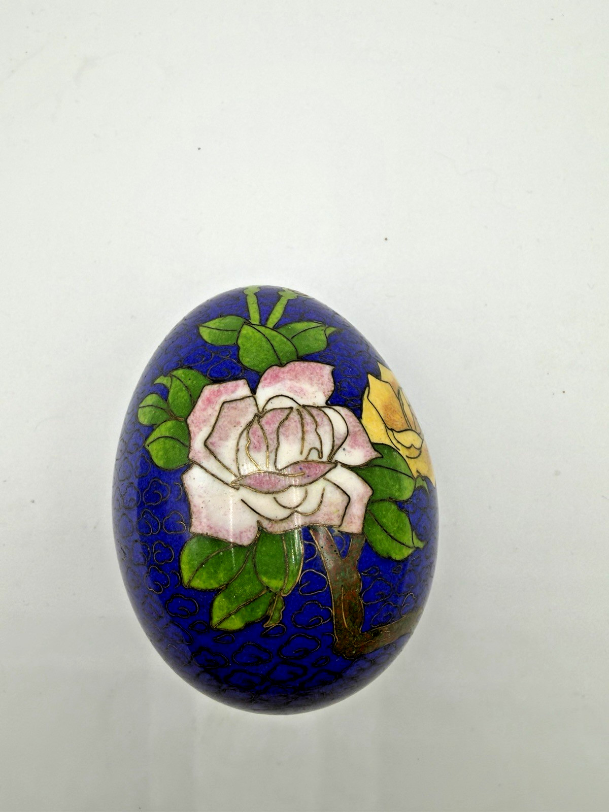 Vintage Chinese Cloisonné Enamel Egg Closed Incense Burner Blue Floral Design