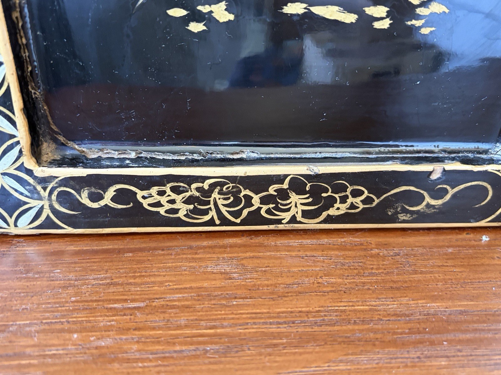 2 Vintage Asian Mother Of Pearl Inlay Black Lacquer Wooden Wall Panels