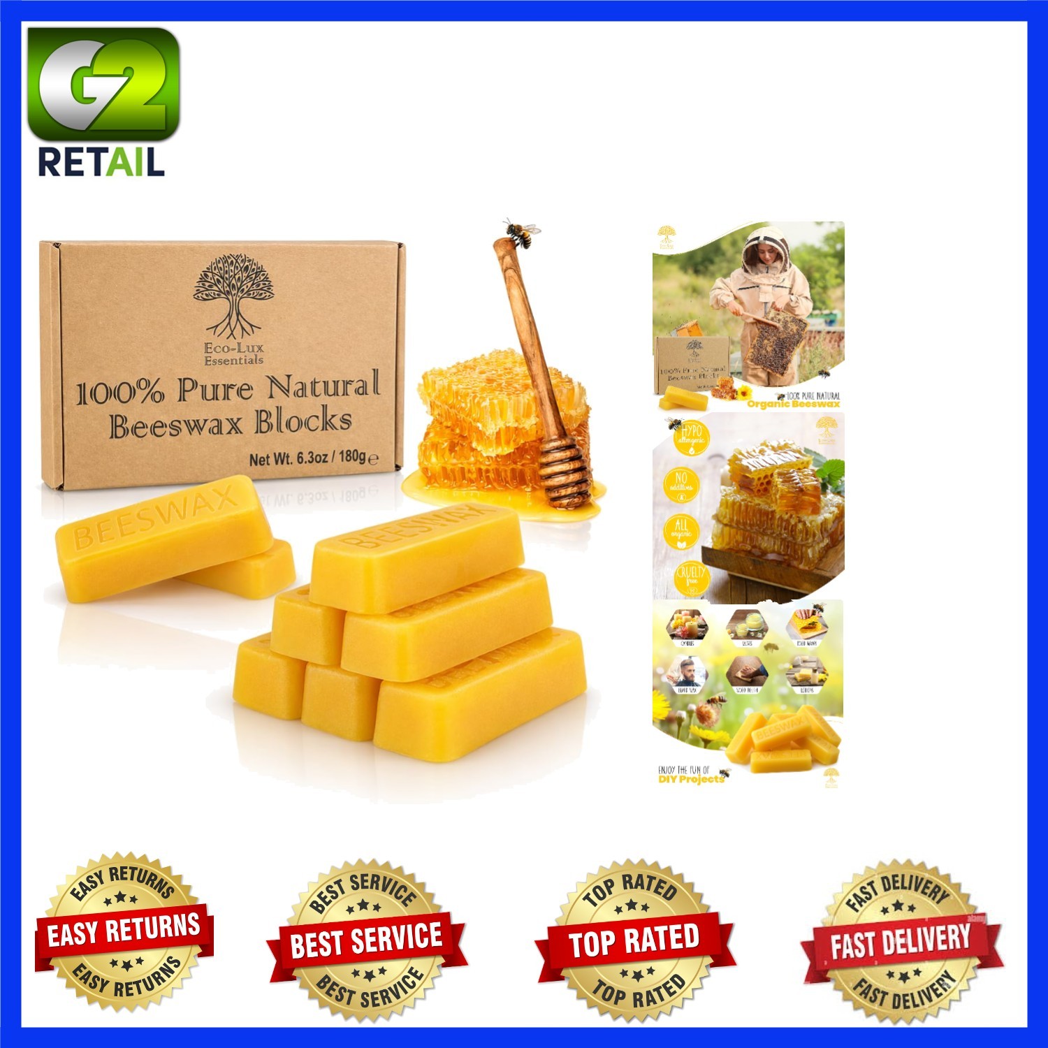 Nourishing 8 Yellow Beeswax Blocks – Chemical-Free & 6.5oz for All Skin Types