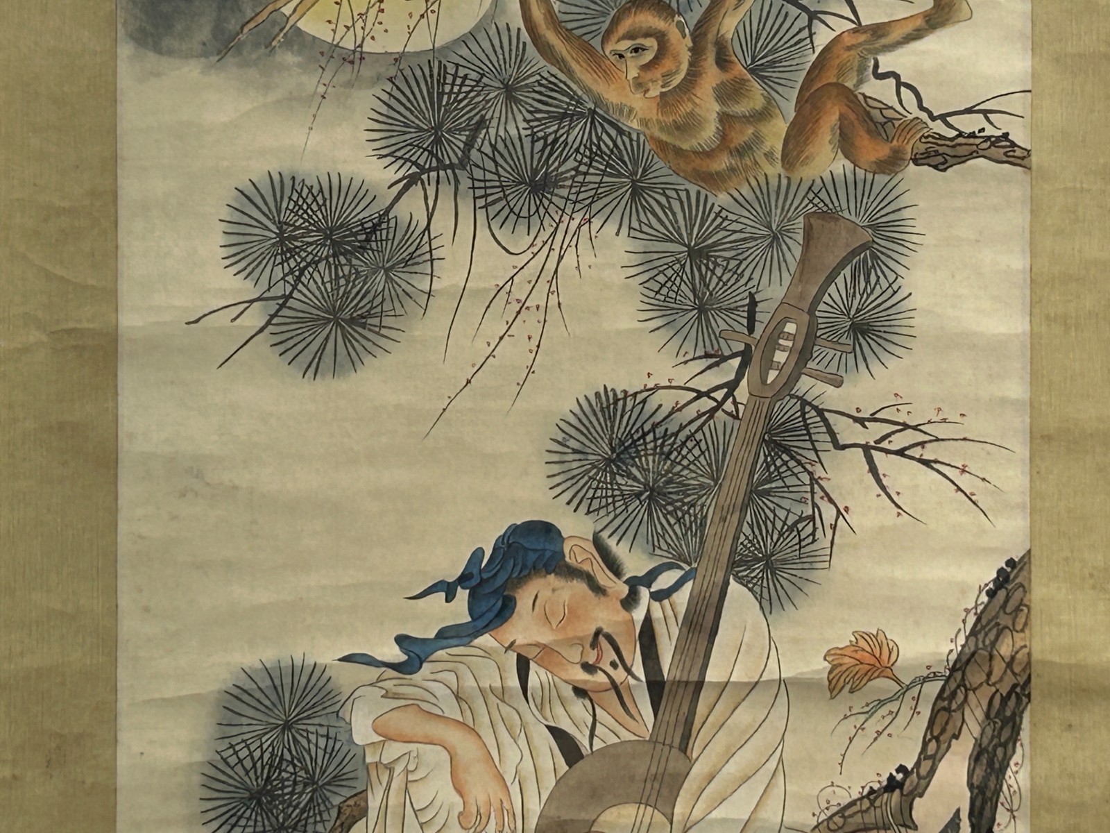 Oriental Scholar Monkeys Ink Brush Color Scroll Painting Wall Art ws4781