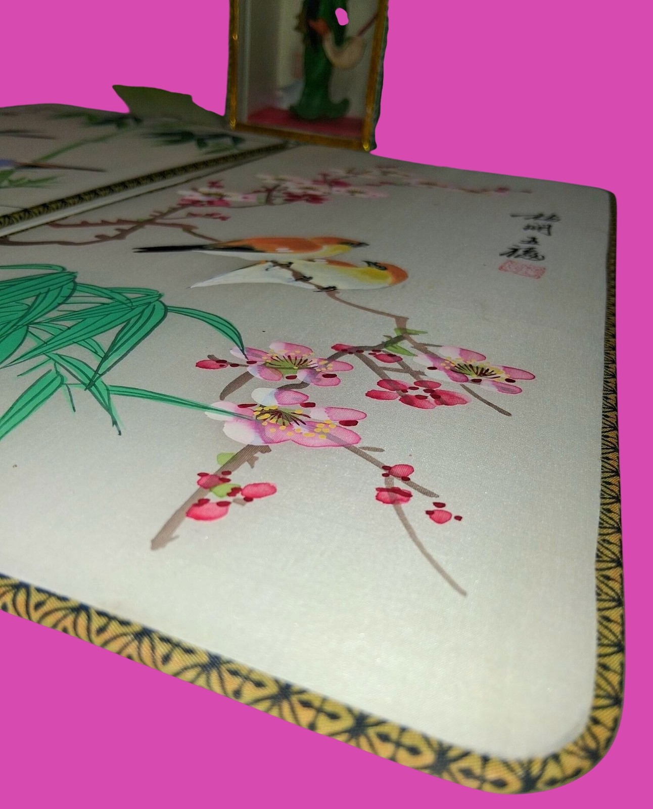 Lot of 3•Vintage Hand-Painted Chinese Silk Wall Art With Birds Flowers PLUS Guan
