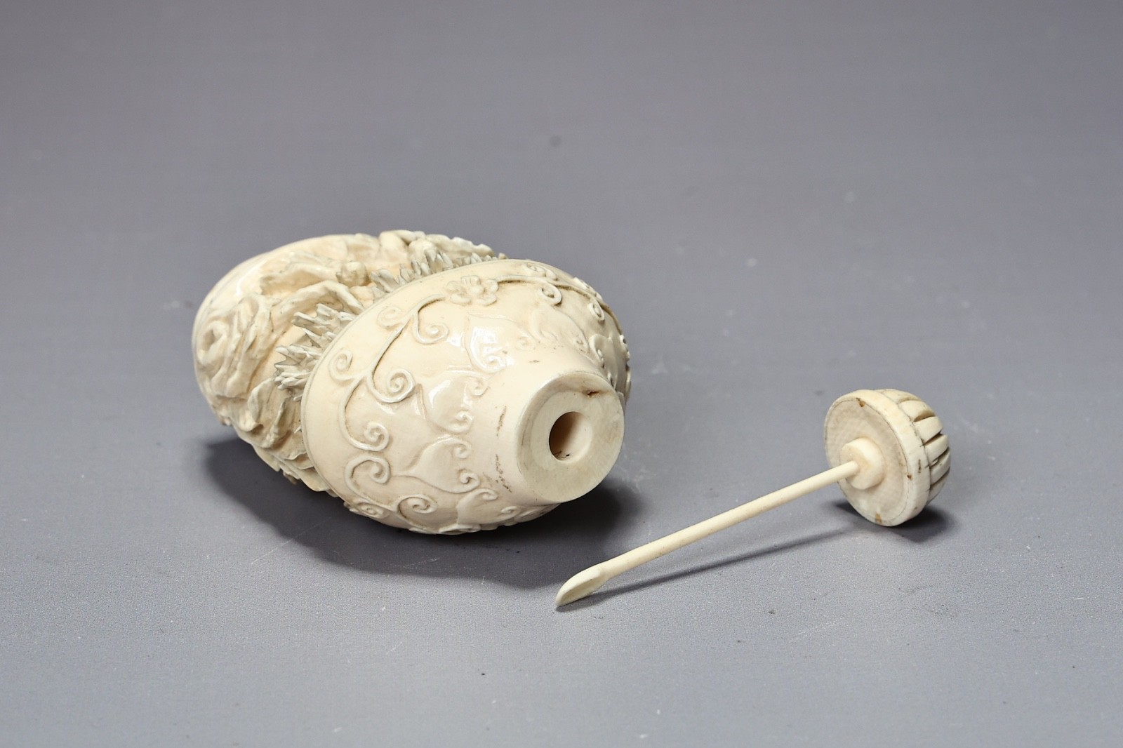 Vintage Hand Made White Carved Snuff Bottle With Figurine