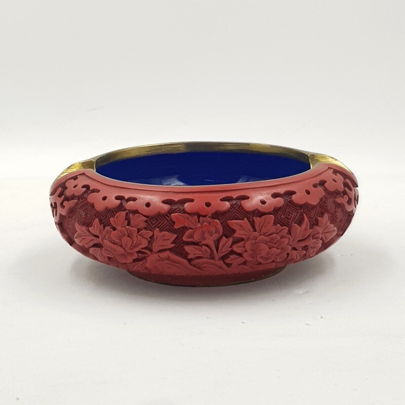 Vintage Chinese Cinnabar Lacquer Craved & Blue Enamel Brass Ashtray