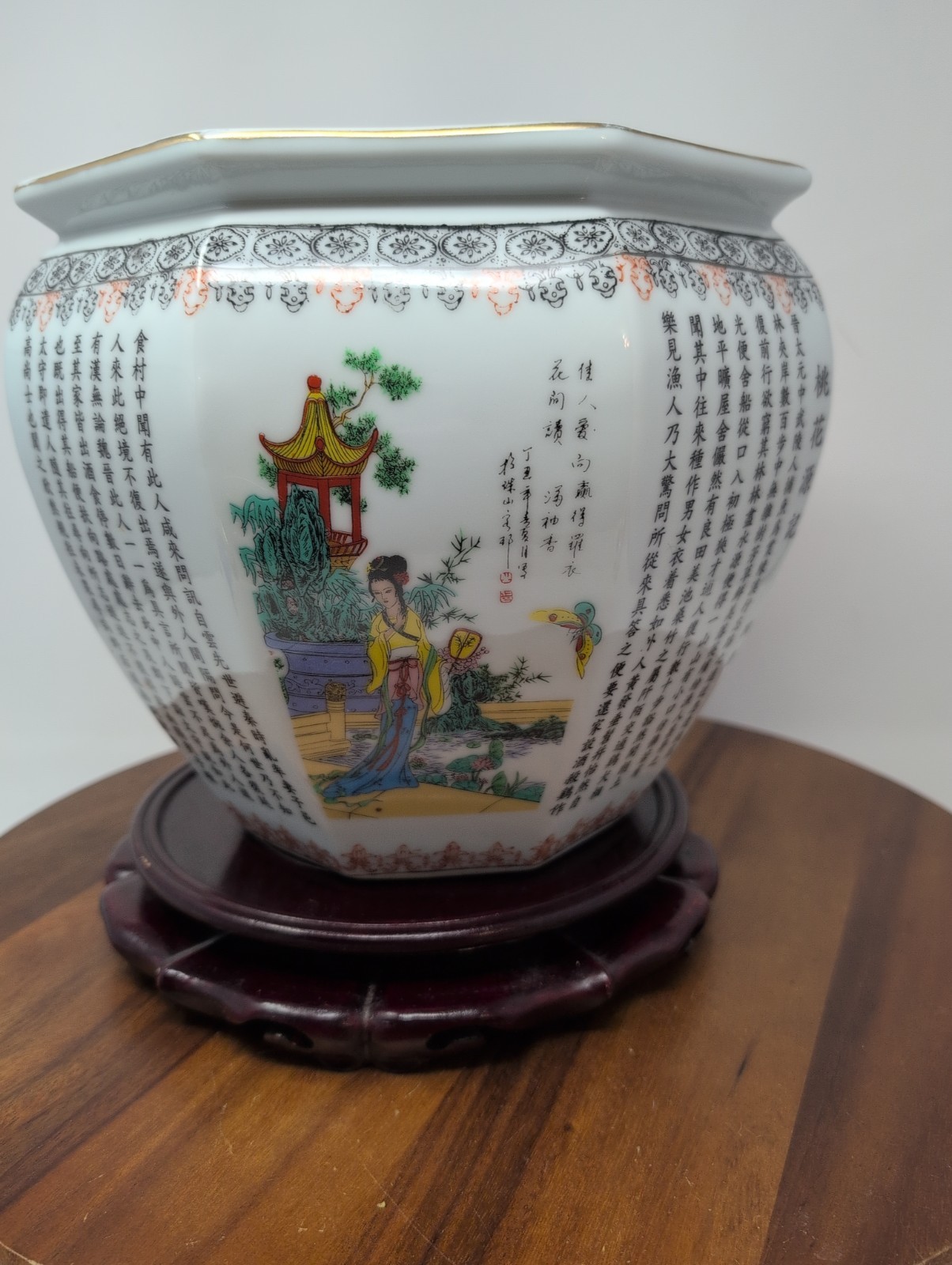 Asian Hexagonal Porcelain Planter 9.25″ By 9″ Tall Women Butterflies Calligraph