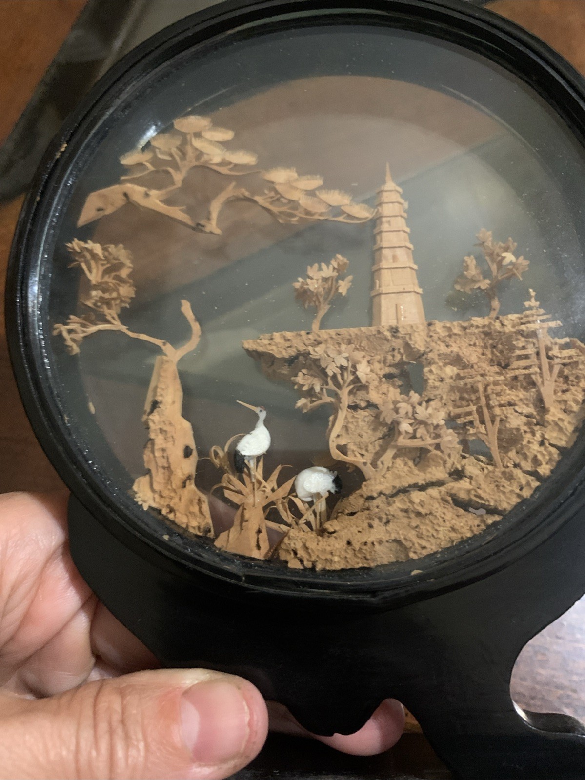Vintage Chinese San You Cork Art Hand Carved Diorama Pagoda Cranes Trees-READ