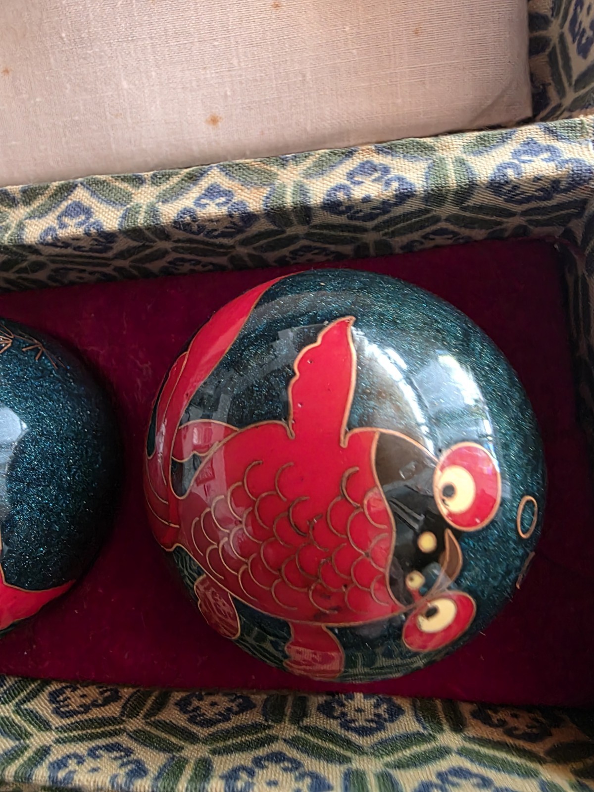 Vintage Chinese Baoding Health Medicine Musical Balls w/Box Koi Fish Shouxing