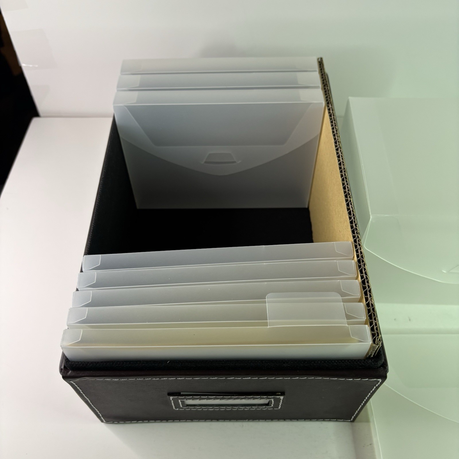 Photo Storage Organizer Box w/ Cases. Faux Brown Leather, Clear Cases with label