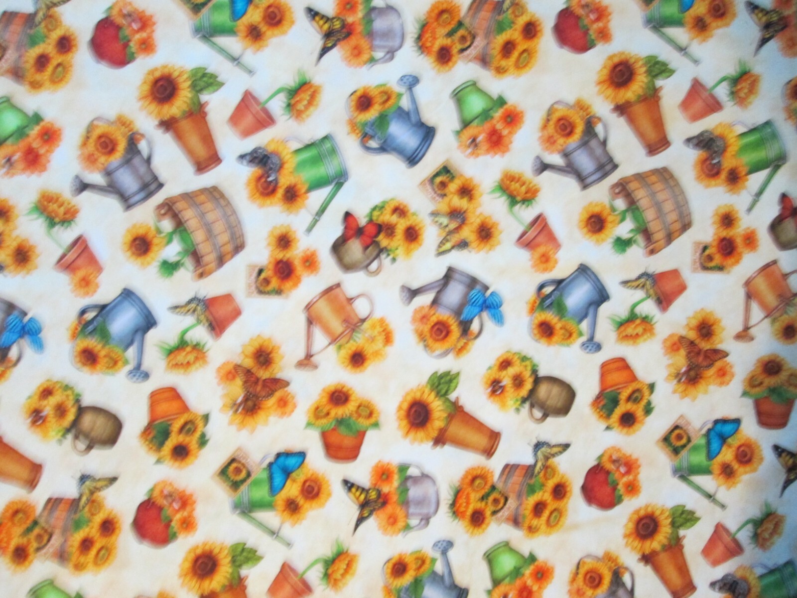 SUNFLOWER FLORAL SUNFLOWERS POTS WATER CANS CREAM DIGITAL PRINT COTTON FABRIC FQ