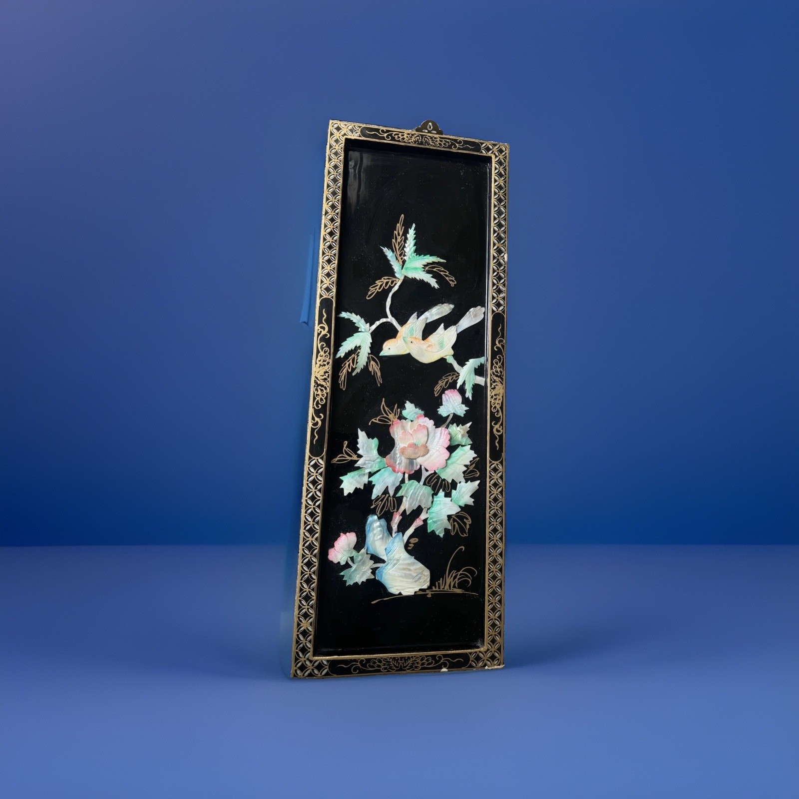 Vintage Chinese Black Lacquer Mother of Pearl Inlay Wall Panel Birds & Flowers