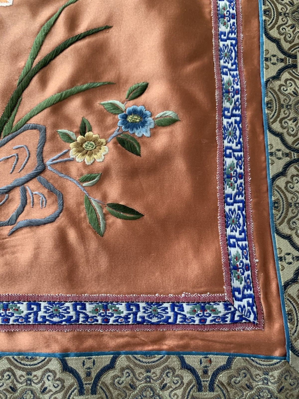 Vintage Chinese Silk Embroidery Textile Panel Butterfly and Flowers 13 x 13″