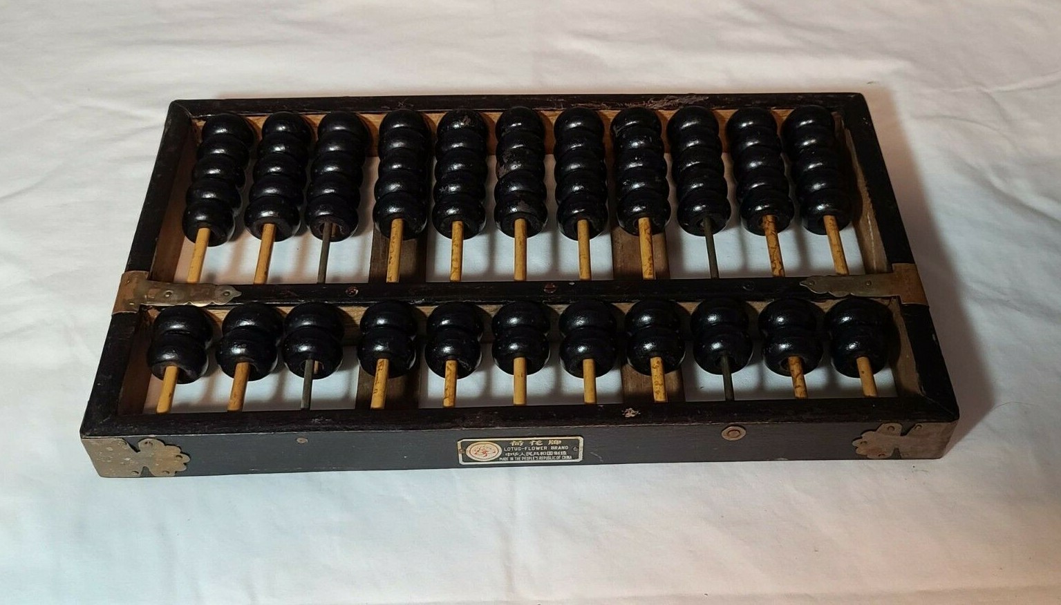 Vintage Chinese Lotus Flower Brand Abacus Wood Brass 11 Rows 77 Beads Original
