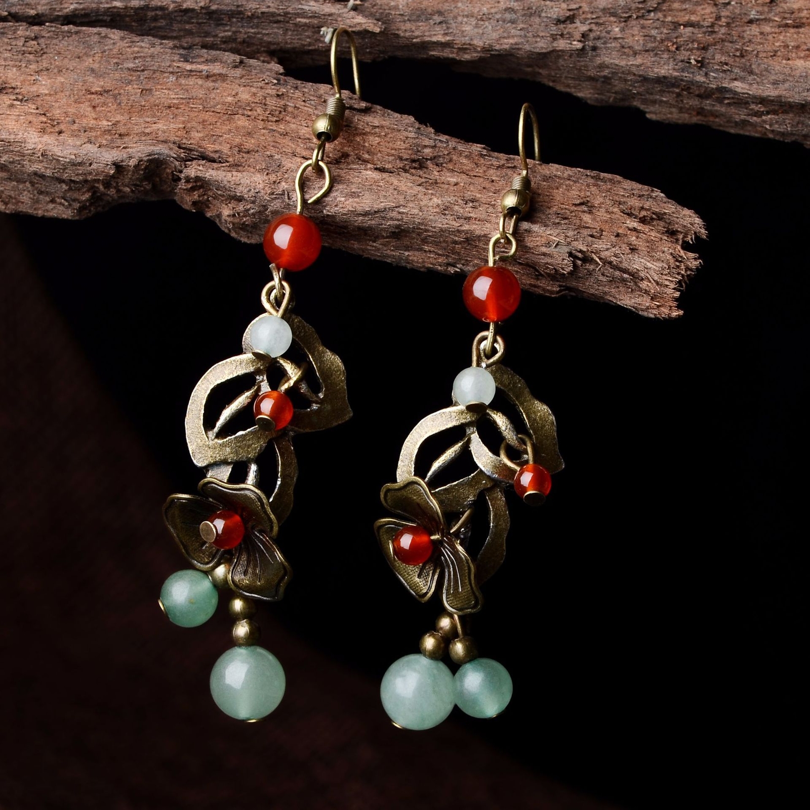 China Red Agate/Dongling Jade Alloy Tibetan Style Exquisite Earbob Earrings