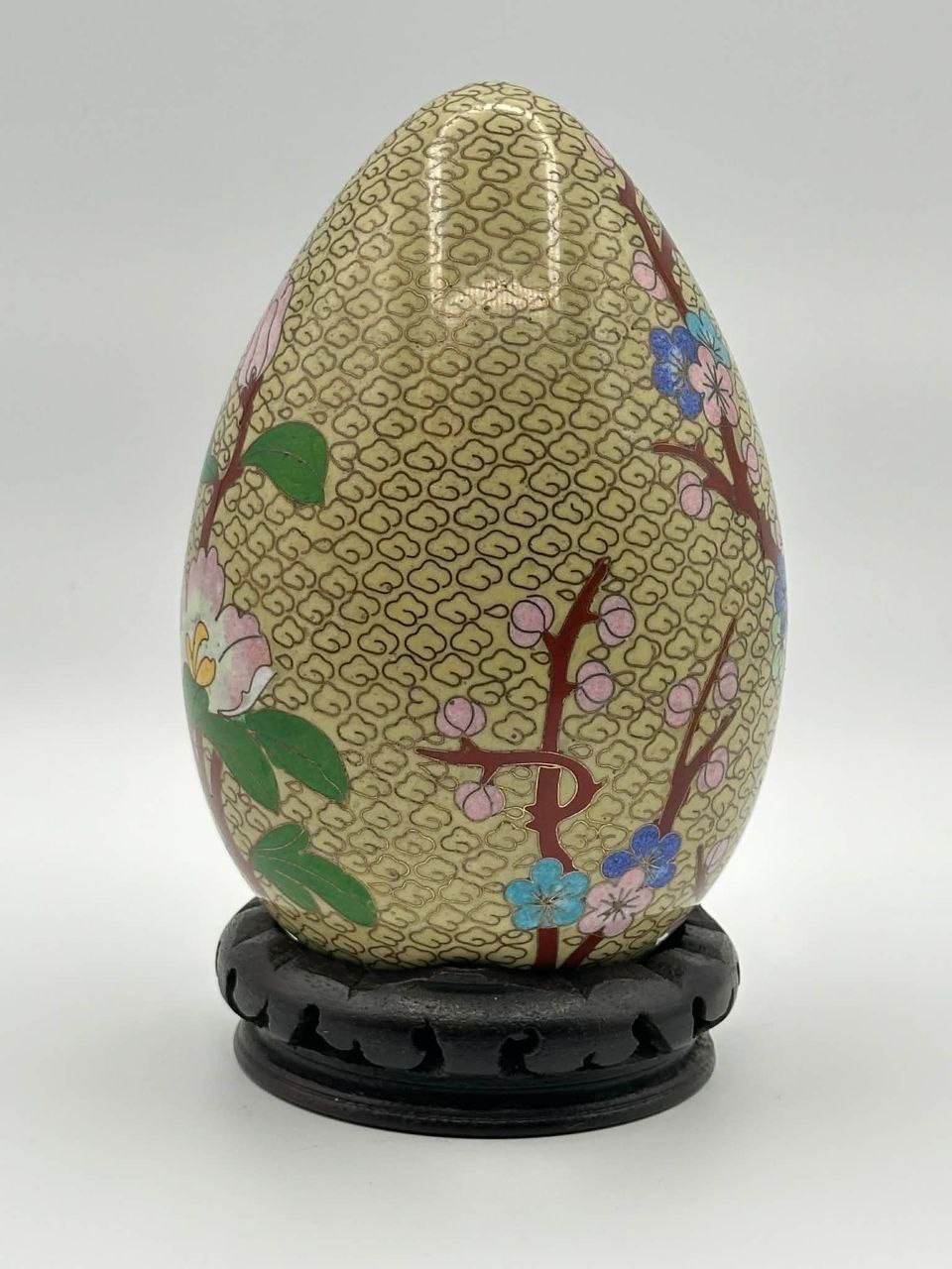 Vintage Chinese Cloisonné Enamel Egg w/ Wood Stand Floral & Bird 7.25″
