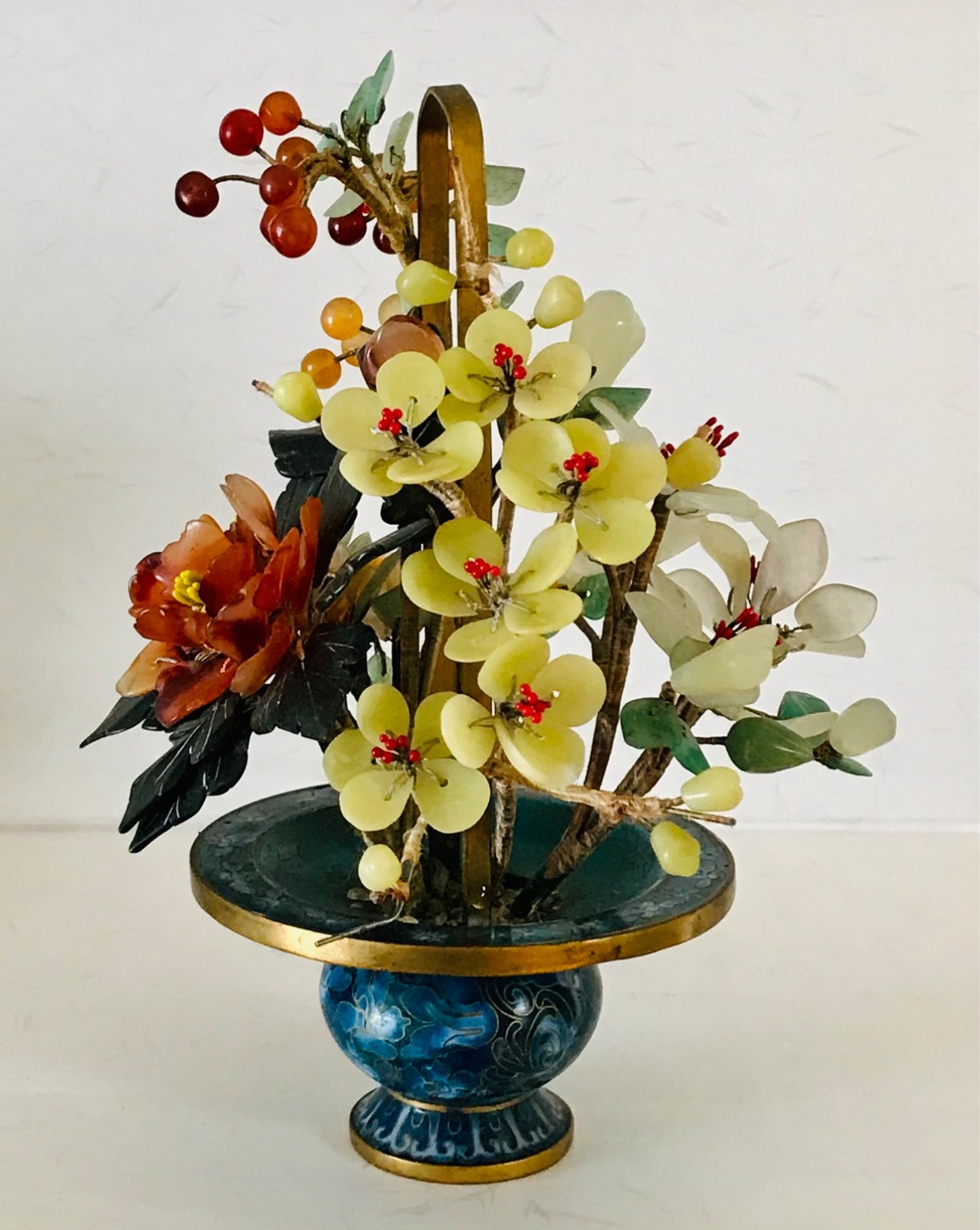 Chinese Cloisonne Jade Tree Flower Basket 8″ Inches Tall