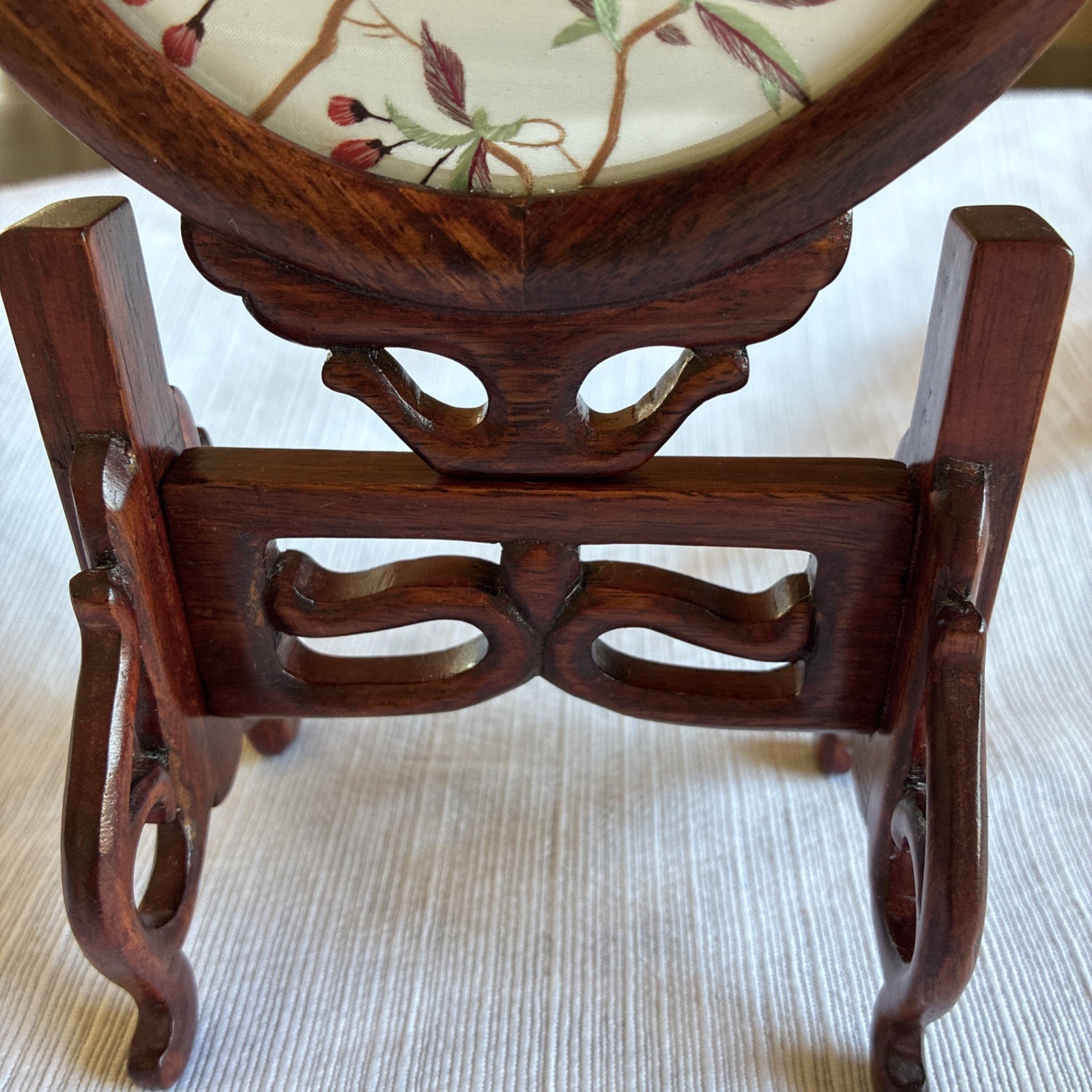 VNTG Chinese Silk Double Sided Embroidery Songbird Round Table Screen Wood/4.5”
