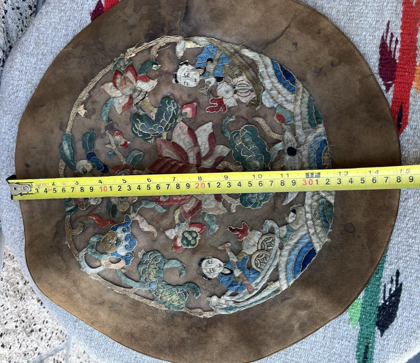 Antique Chinese Asian Leather Embroidered Silk Roundel Art Panel 15″ Qing Floral