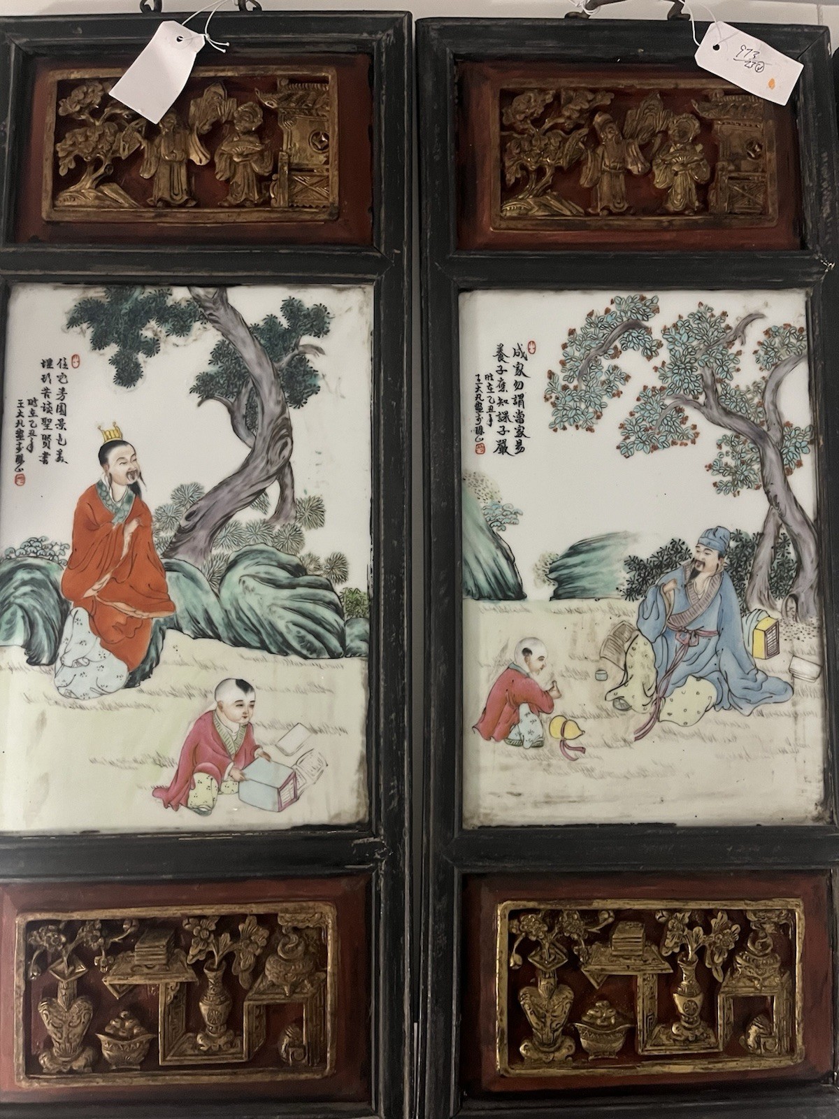 Four Chinese Family Rose Porcelain, Carved And Painted Wood Panel Wall Hangings