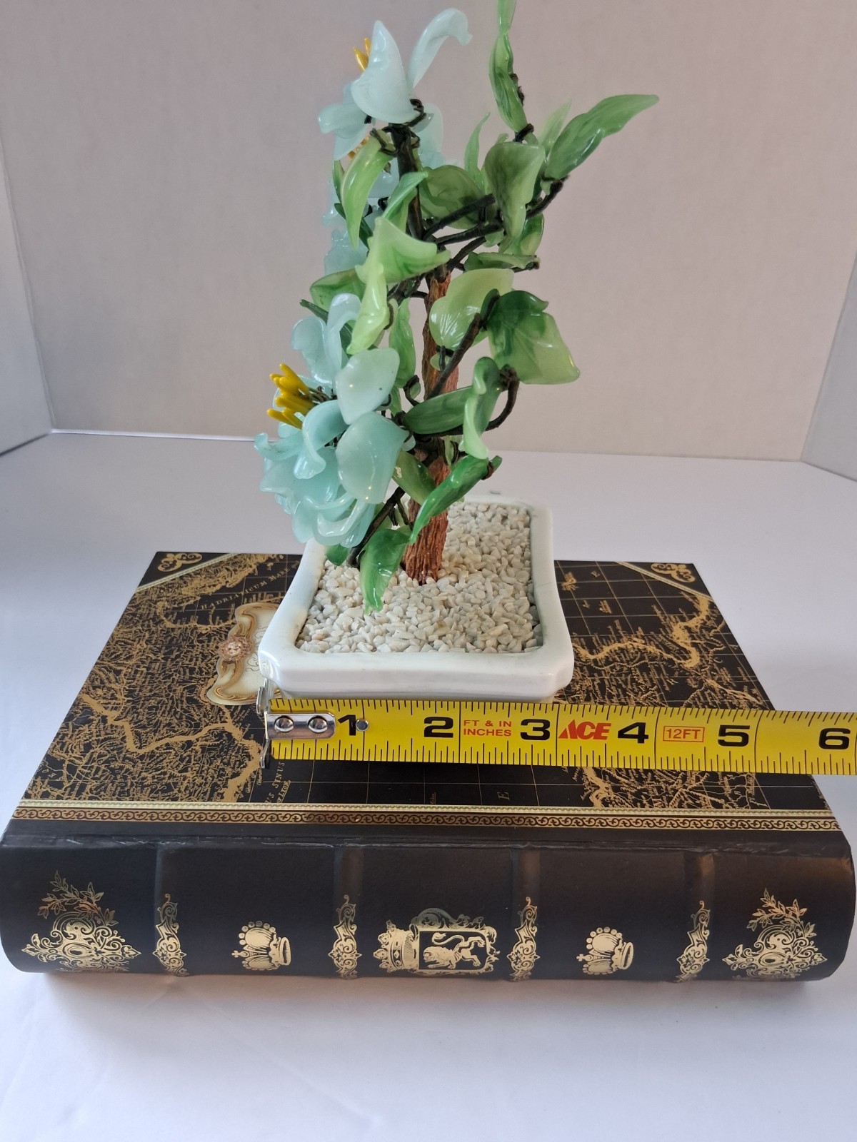 Vtg 1980’s Aqua Blue Peking Glass Blossomed & Jade-Stone Leaf Bonsai Tree; EUC!