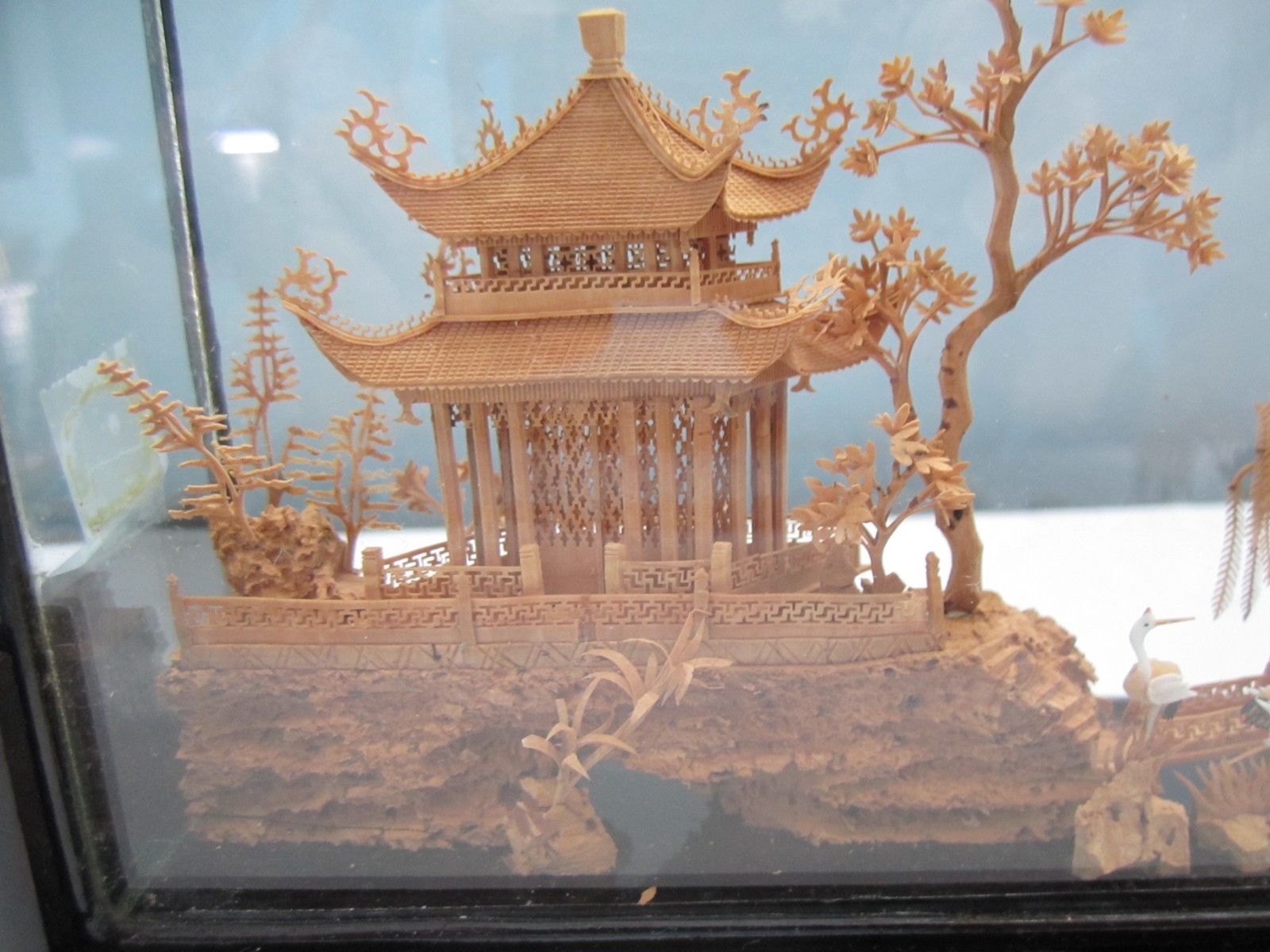 Vintage Hand-Carved Chinese Cork & Wood Diorama Encased In Glass & Wood Stand