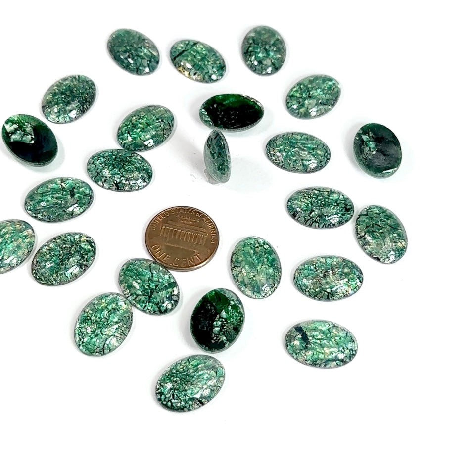 Teal Green FireOpal Silver Inlaid Vintage Czechoslo. Oval Cabochons 24pc 18x13mm
