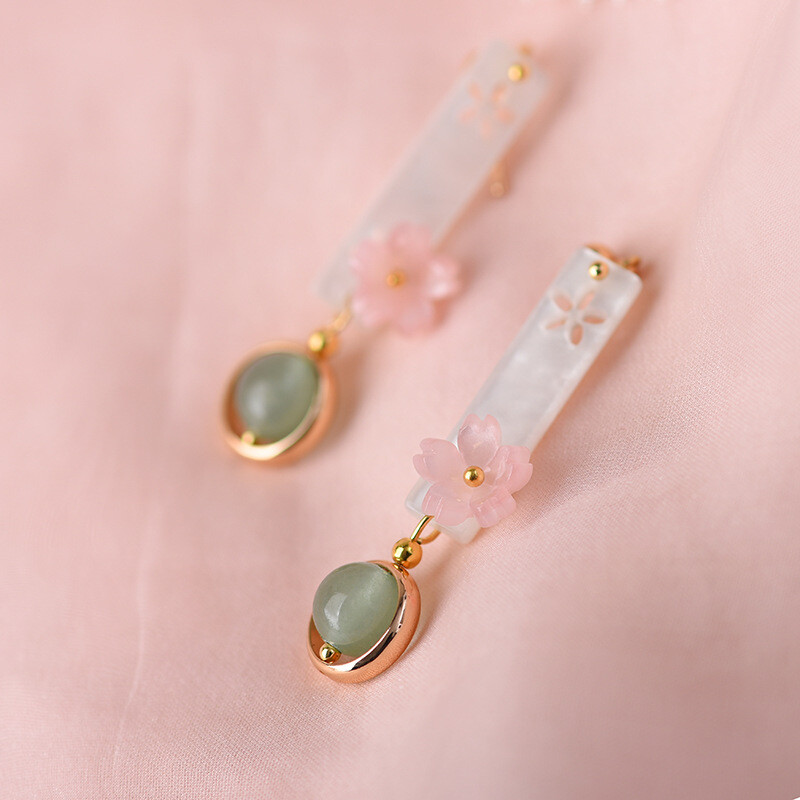 Chinese Dongling Jade/Coloured Glaze Flower Tibetan Style Vogue Earbob Earrings