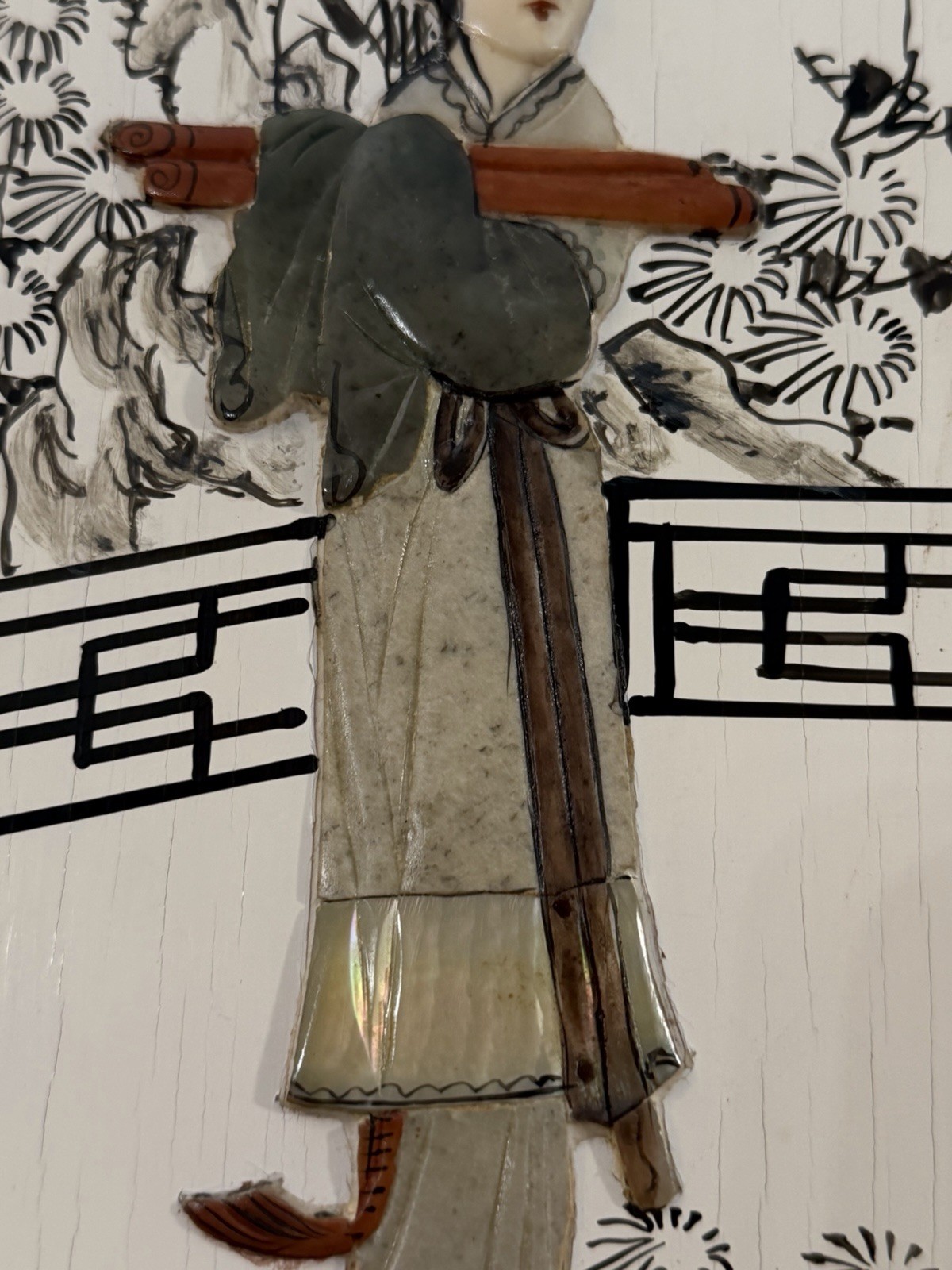 VTG Chinese Black Lacquer Wall Panels Pair Mother Pearl Inlay Geisha Art 19.5×9