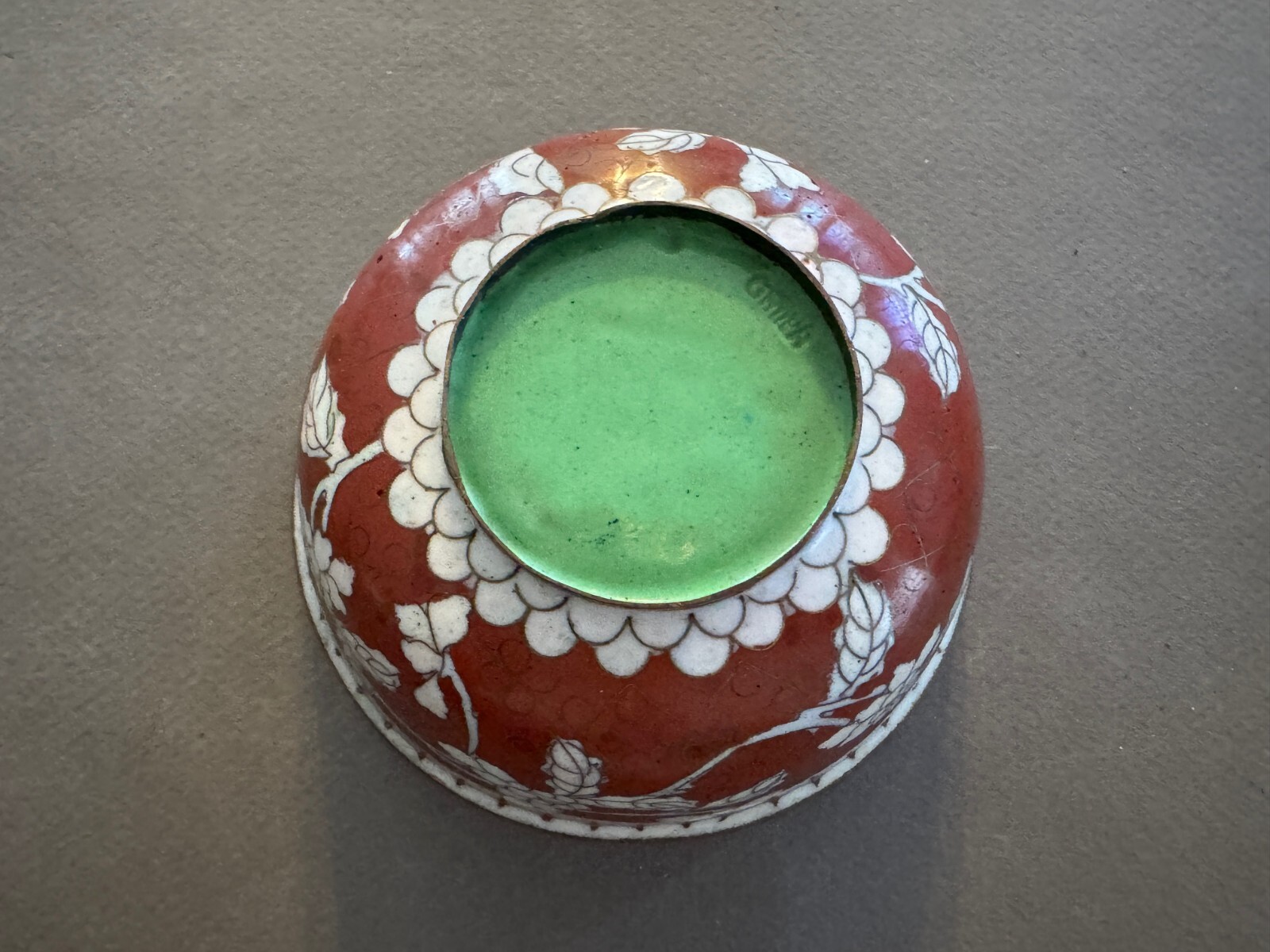 RUST RED/BROWN GREEN INTERIOR ASIAN CHINESE CLOISONNE ZINNIA FLOWER BOWL VTG