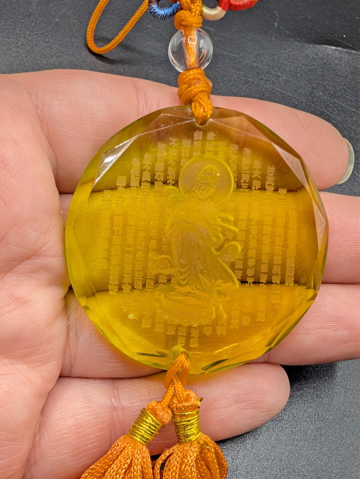 Reversed Carved Chinese Goddess Yellow Glass Tassel Hanging