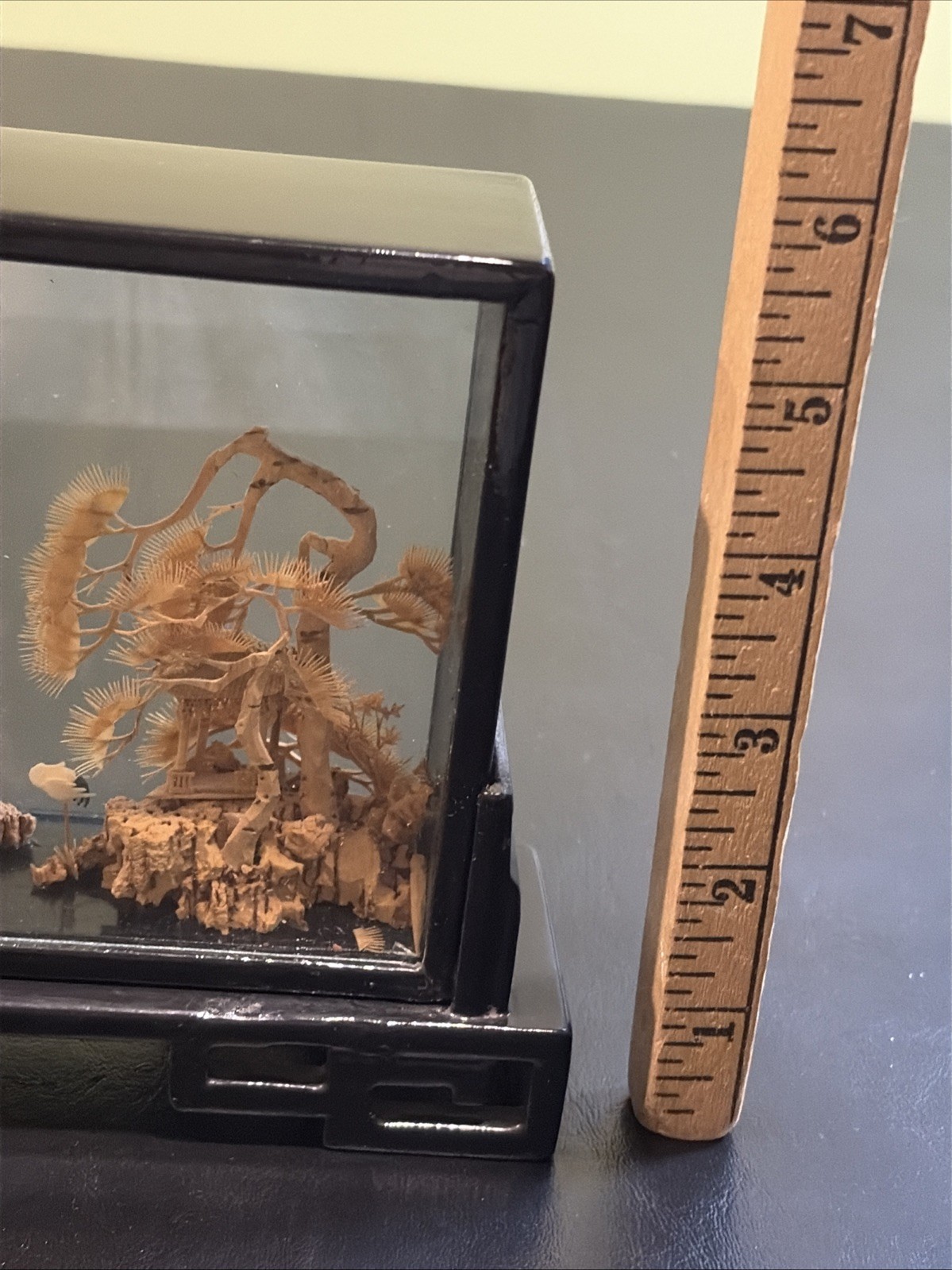 Vintage Chinese Hand Carved Cork Diorama with birds Framed Glass Wood