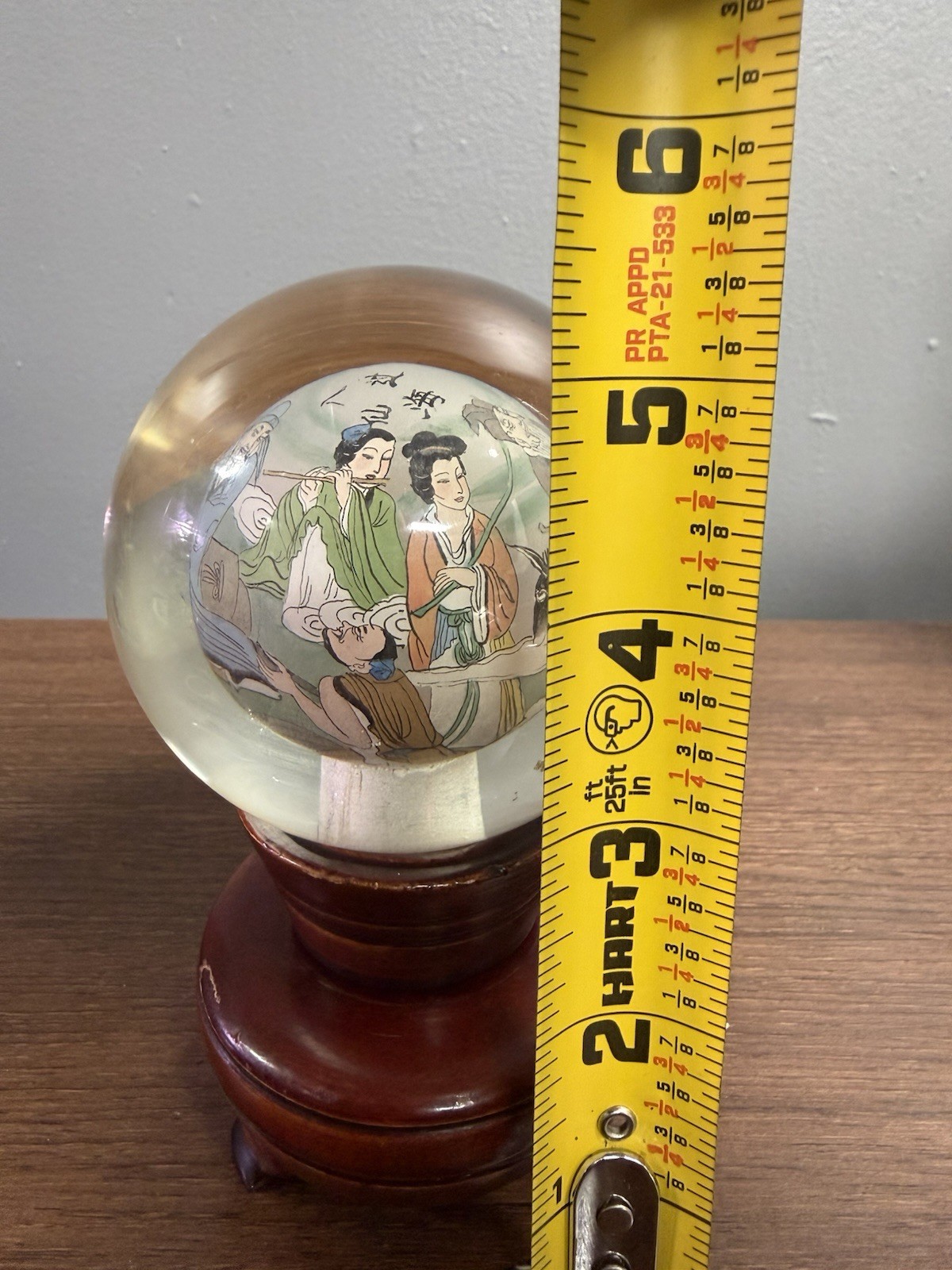 Vintage Chinese Hand Painted Reverse Art Glass Globe With Stand