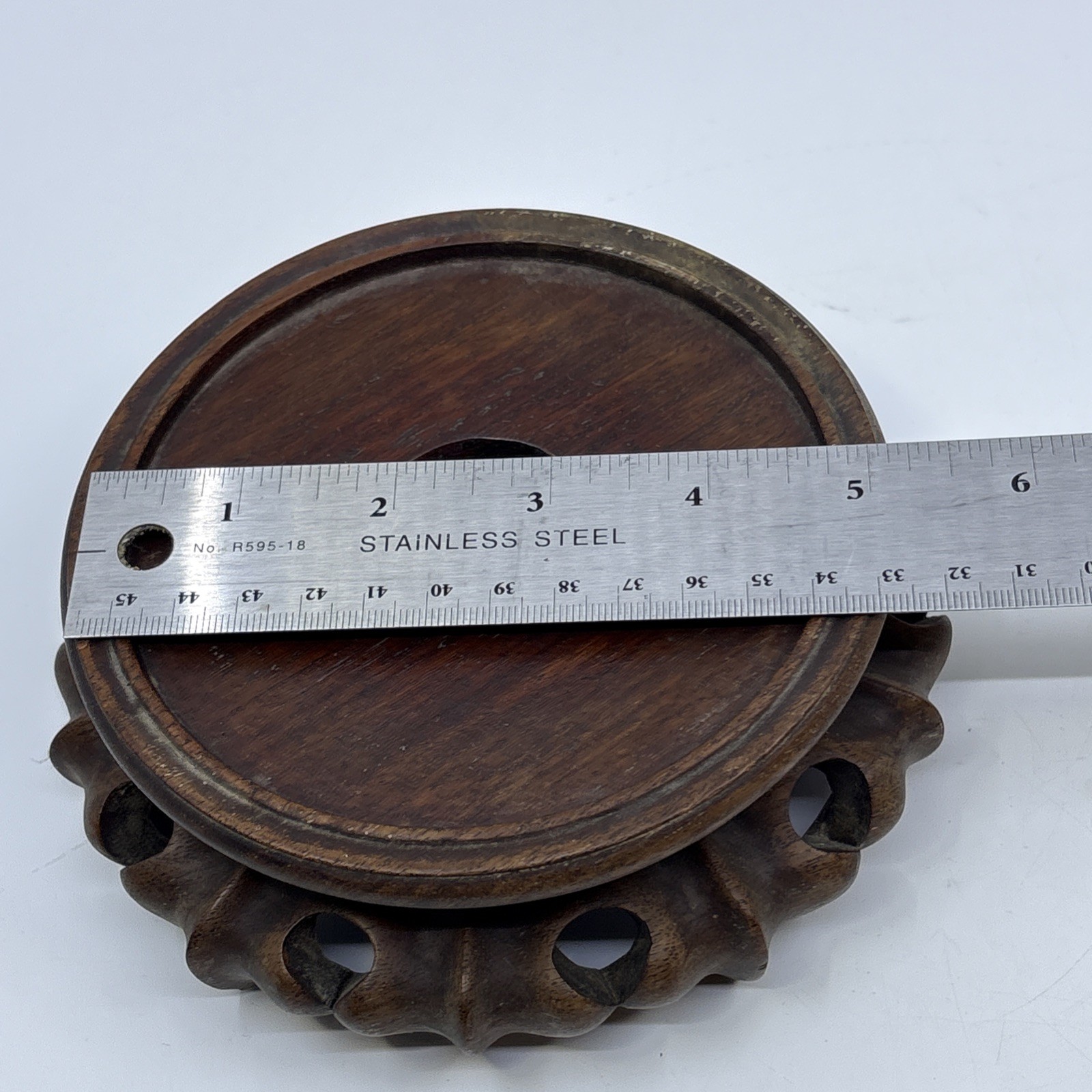 Vintage Chinese Wood Display Stand Vase Plant Asian Lamp Base Round 4.5″ Inner
