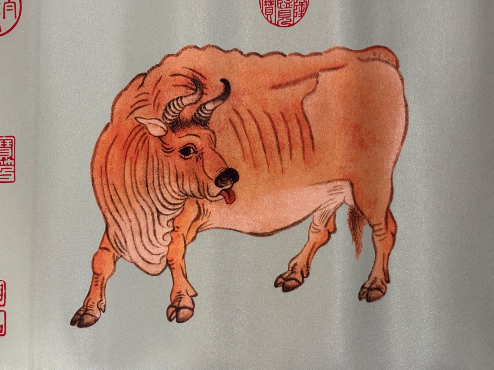 Chinese Silk Table Mat w/ Oxen Painting 27″ x 13″ In Quilted Box