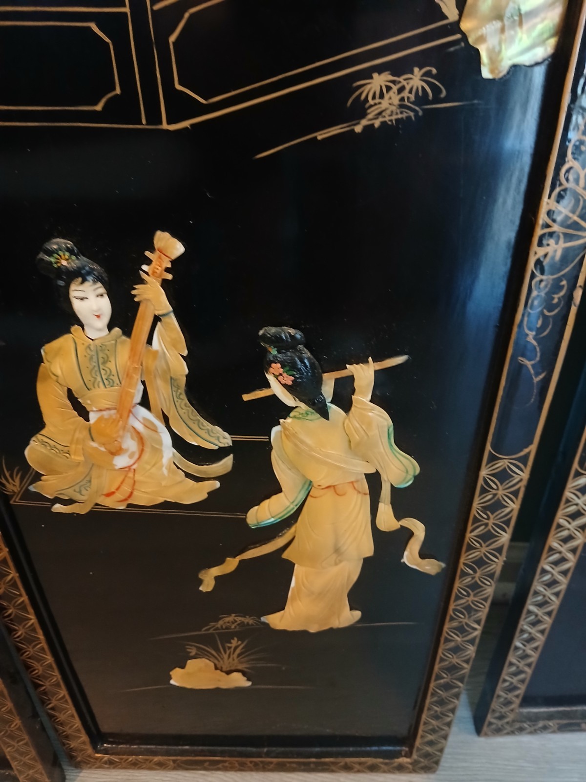 4 Vintage Asian Japanese Mother Pearl Black Lacquer Wall Panels 36″ x 12″