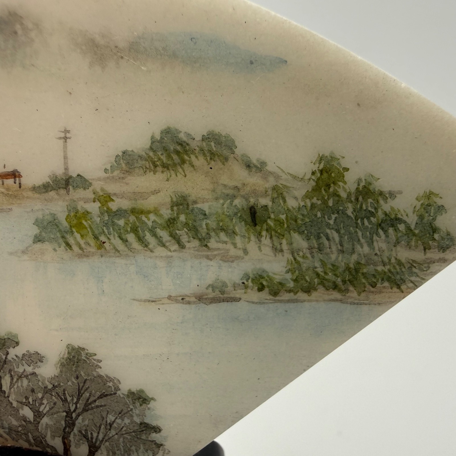 Vintage Chinese Hand Painted Marble Plaque Fan Shaped Landscape Wood Stand