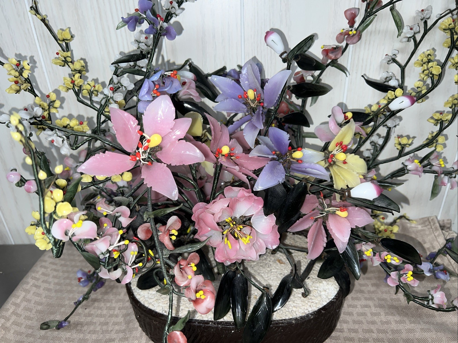 Vtg Jade Bonsai Flower Tree Pot Green Pink Quartz Glass Plant Large China