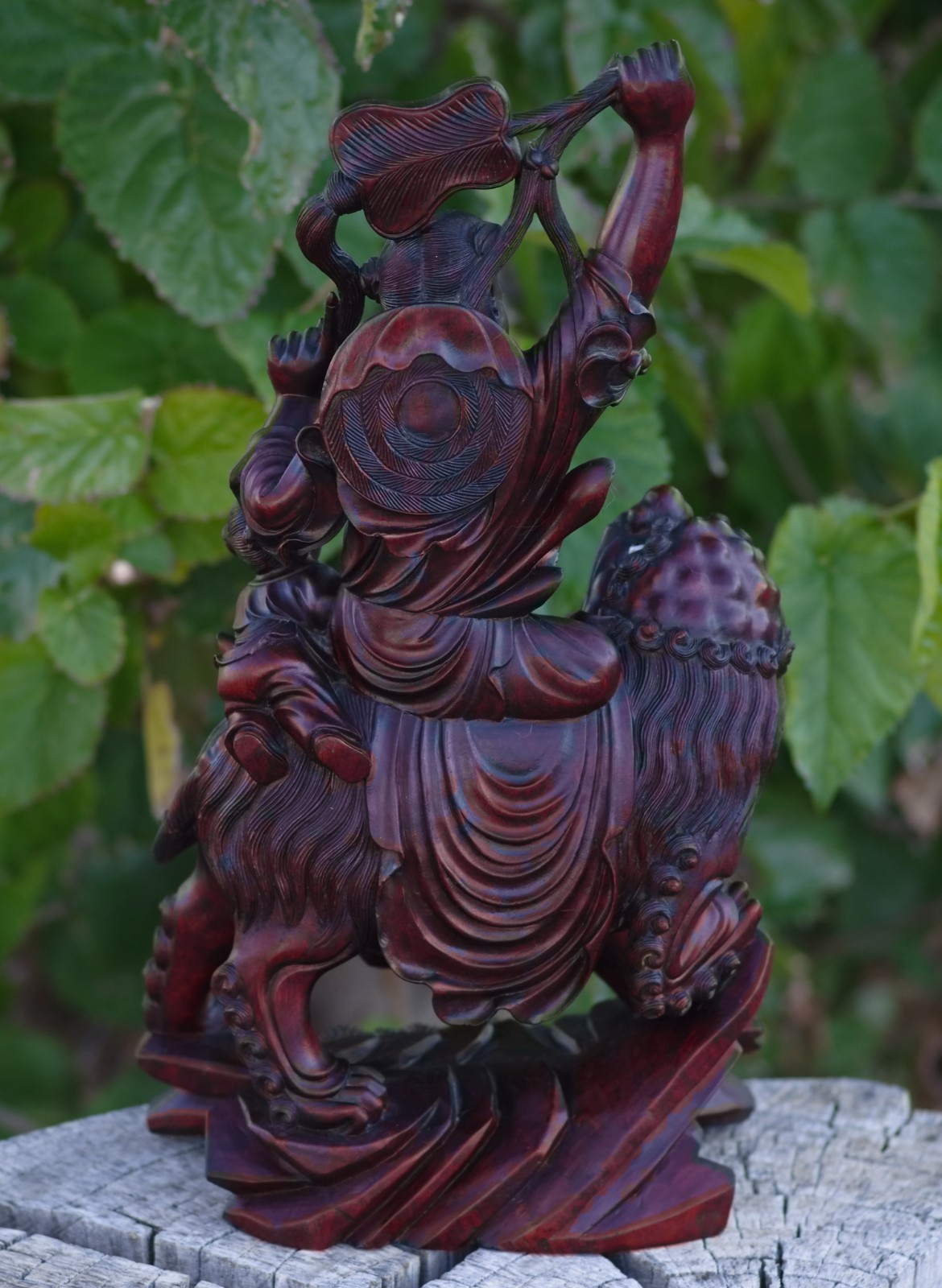 Boxwood Hand Carved Buddha Riding Foo Dog Large 16″ China 1950s MAGNIFICENT ART!