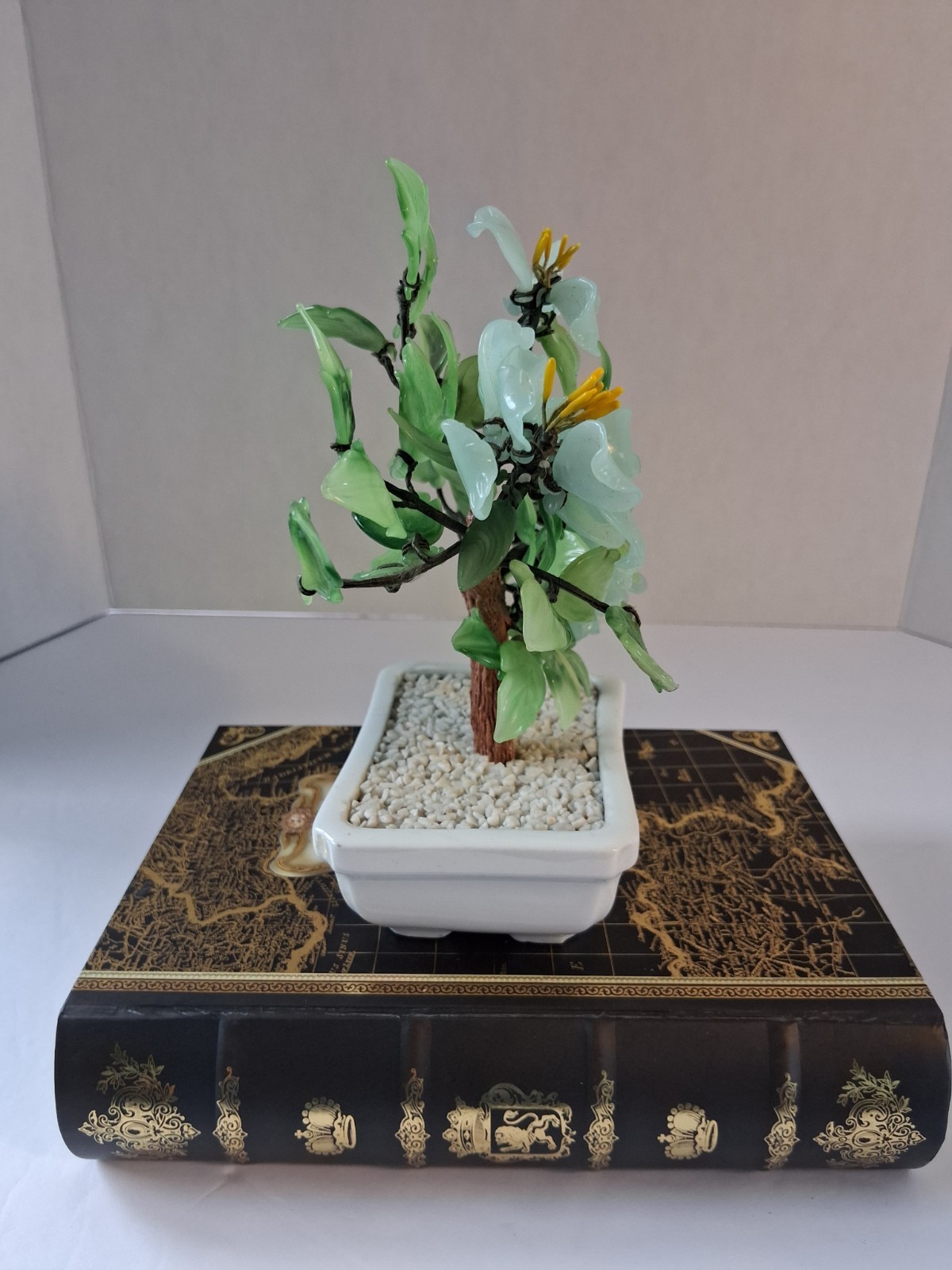 Vtg 1980’s Aqua Blue Peking Glass Blossomed & Jade-Stone Leaf Bonsai Tree; EUC!
