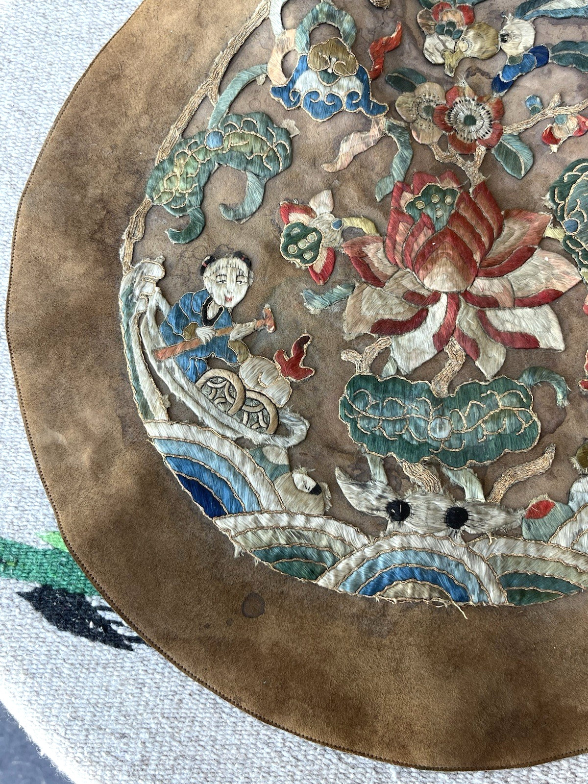 Antique Chinese Asian Leather Embroidered Silk Roundel Art Panel 15″ Qing Floral