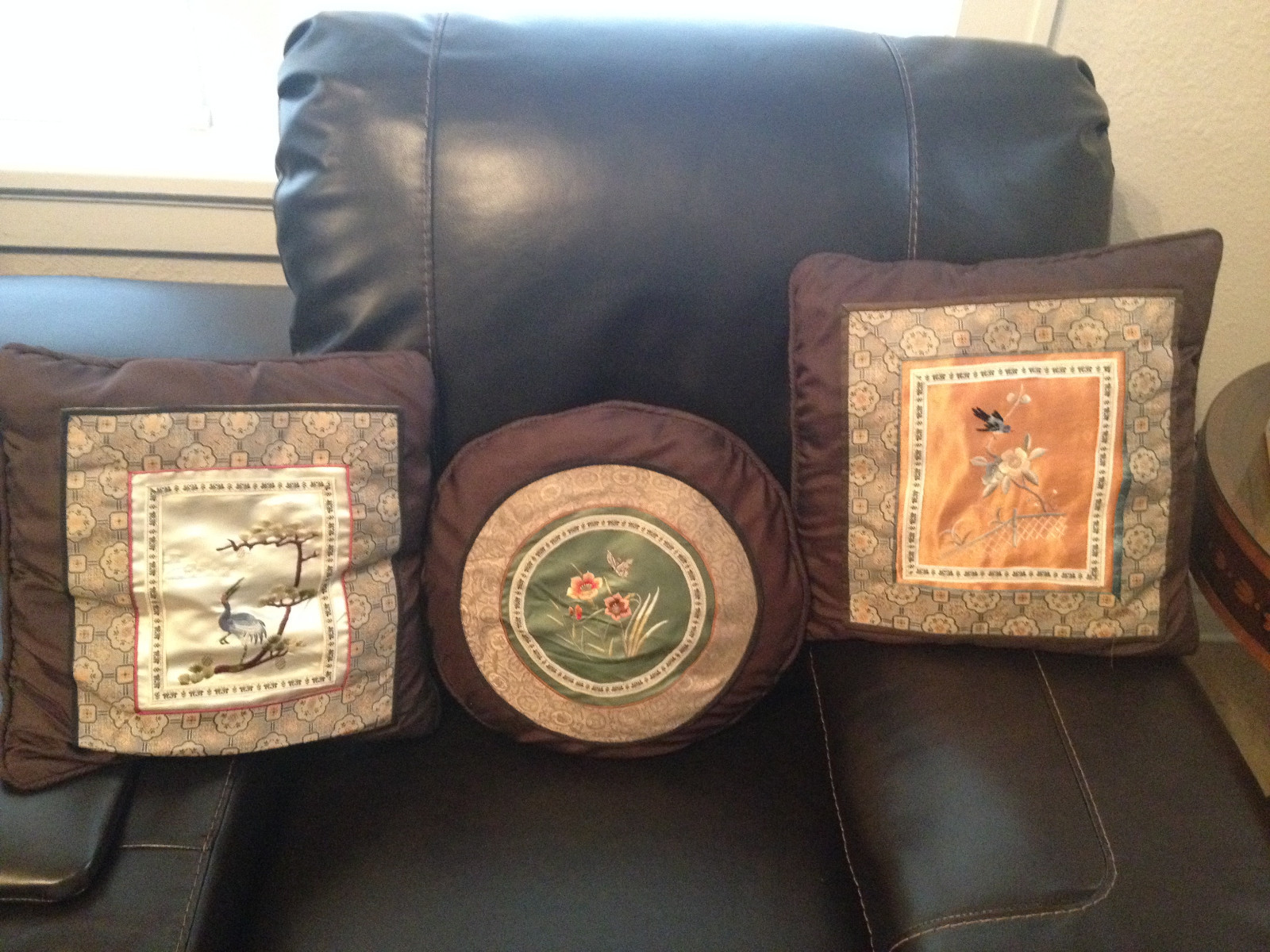 Vtg Set of 3 Chinese Silk Textile Pillows w/ Floral Butterfly & Bird Decoration