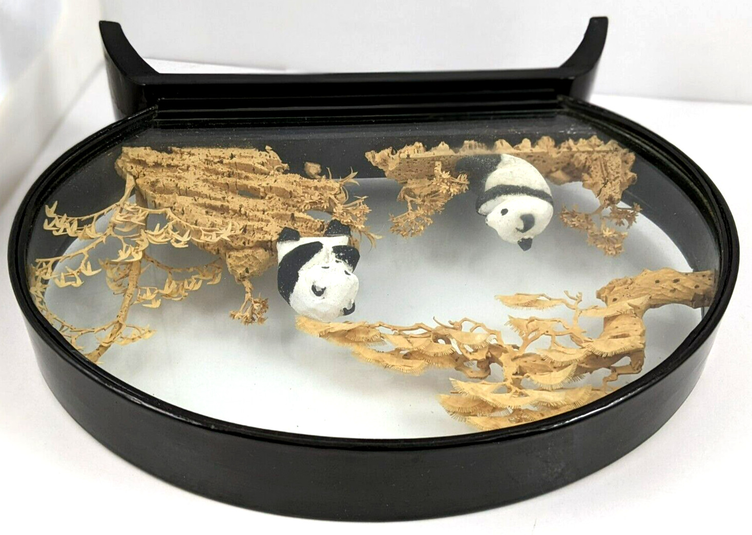 Chinese Oval Diorama Panda Bears Hand Carved Cork Trees Scene Lacquered Frame