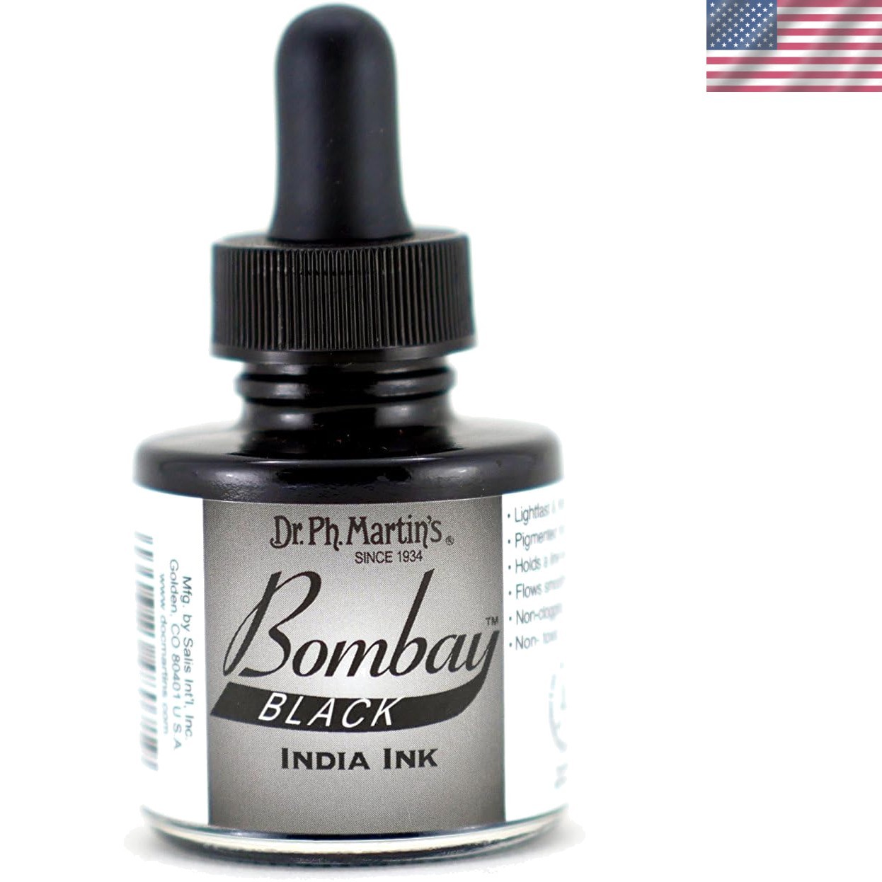 Bombay India Ink 7BY Ink Bottle, 1.0 oz, Black, 1 Bottle