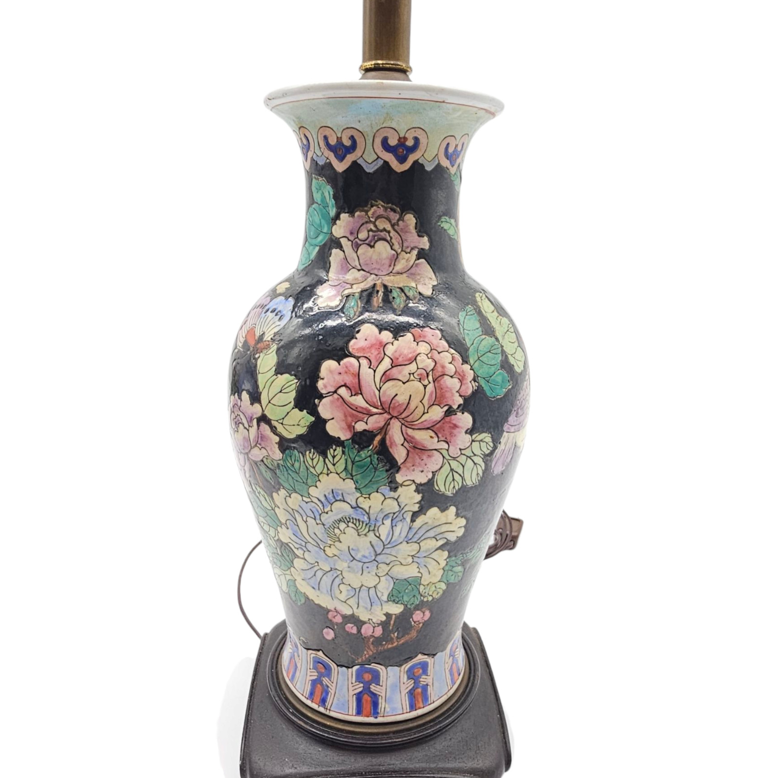 VTG Chinese Famille Noir Porcelain Lamp Hand Painted Birds Flower Black Base 20″