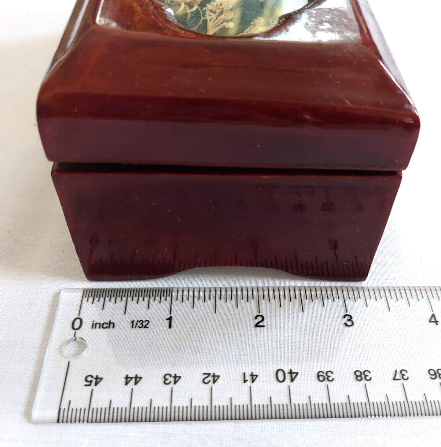 VTG San You Asian Jewelry Wood Box Diorama Cork Art Pagoda Scene Brass Lined