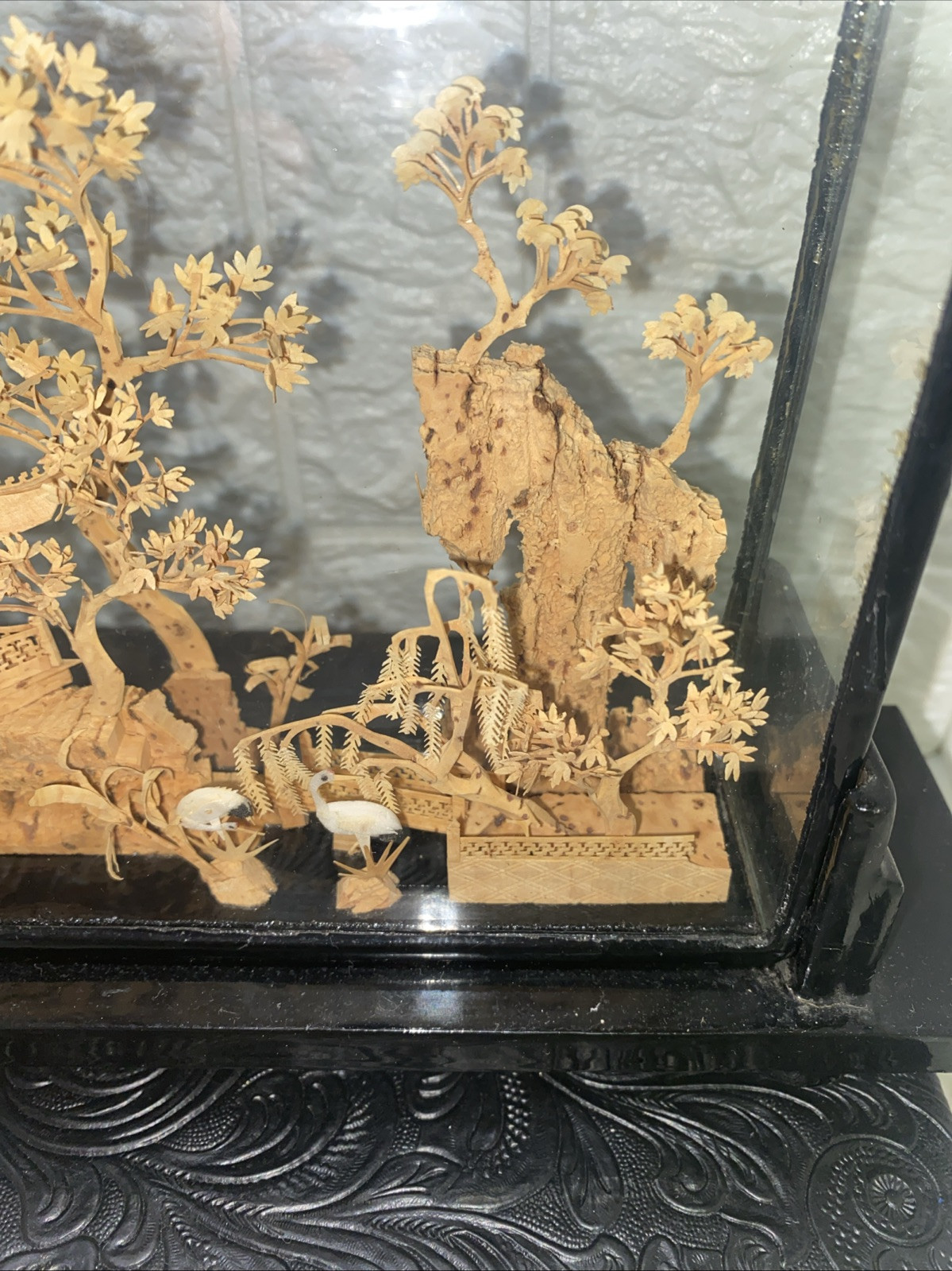 Vintage Chinese SanYou Diorama Handmade Cork Carvings Of Cranes Pagoda & Trees
